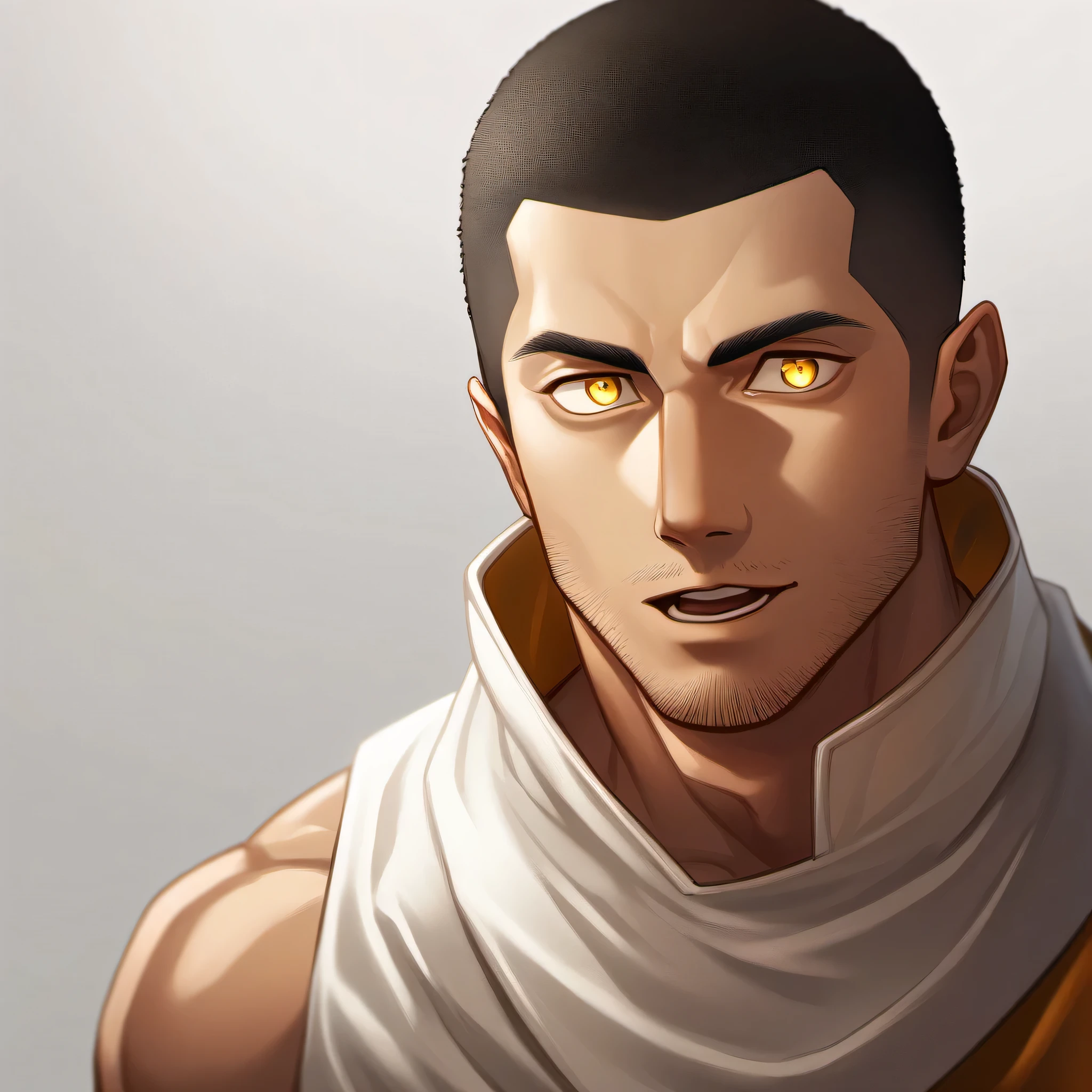 1 muscular monk, male focus, White compression pantyhose, muscular male, muscular, only, Upper body, alone, white short hair, stubble, black hair, yellow eyes, open lips, White background, simple background, amazing quality, best aesthetics, Ridiculous, short hair, bright pupils, buzz clip, best quality
