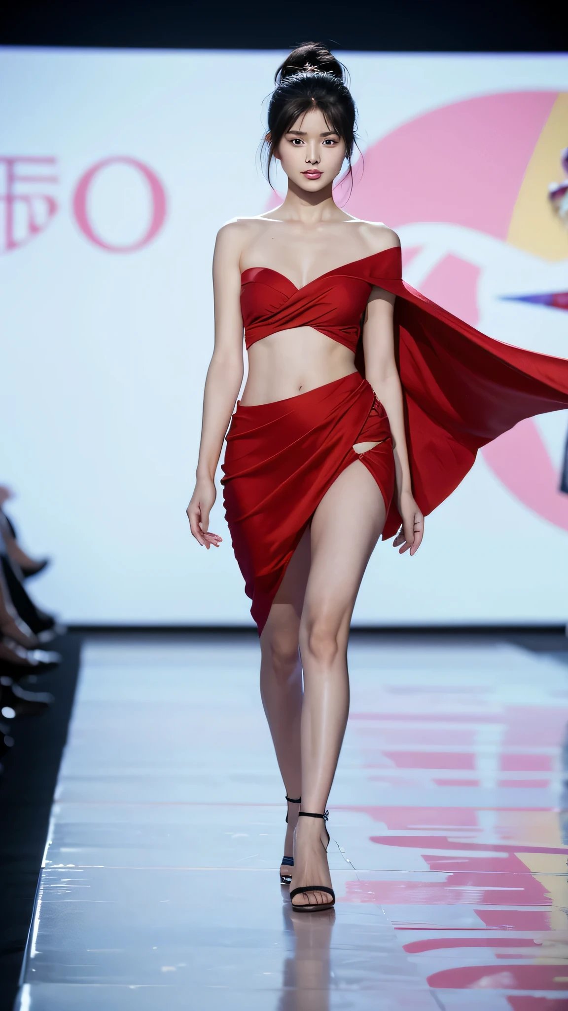 (Best quality, 8k, 32k, Masterpiece, UHD:1.2),Photo of Pretty Japanese woman, 1girl, (medium-short dark brown hair), double eyelid, fashion model,1.77meters, beautiful legs, unique maxi very wet red dress with slit, off-shoulder, gold belt, choker, stand tall, runway, huge stage, Paris Collection, nsfw, full body, see through,,