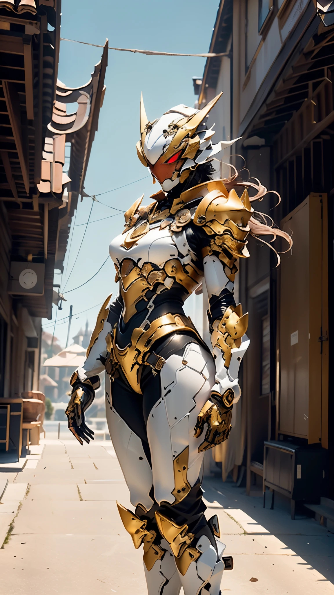 A woman adorned in fantasy-style full-body armor, a crown-concept fully enclosed helmet that unveils only her eyes, a composite layered chest plate, fully encompassing shoulder and hand guards, a lightweight waist armor, form-fitting shin guards, the overall design is heavy-duty yet flexible, ((the armor gleams with a golden glow, complemented by red and blue accents)), exhibiting a noble aura, she floats above a fantasy-surreal high-tech city, this character embodies a finely crafted fantasy-surreal style armored hero in anime style, exquisite and mature manga art style, (Queen bee mixed with Spider concept Armor), ((Eastern European, elegant, goddess, femminine:1.5)), metallic, high definition, best quality, highres, ultra-detailed, ultra-fine painting, extremely delicate, professional, anatomically correct, symmetrical face, extremely detailed eyes and face, high quality eyes, creativity, RAW photo, UHD, 32k, Natural light, cinematic lighting, masterpiece-anatomy-perfect, masterpiece:1.5