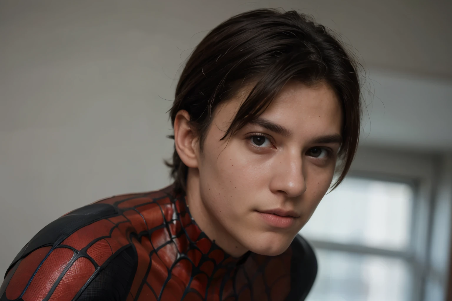 A photograph of spider man, no mask, 20 yo, handsome, detailed face, looking at camera, portrait, 8k uhd, high quality