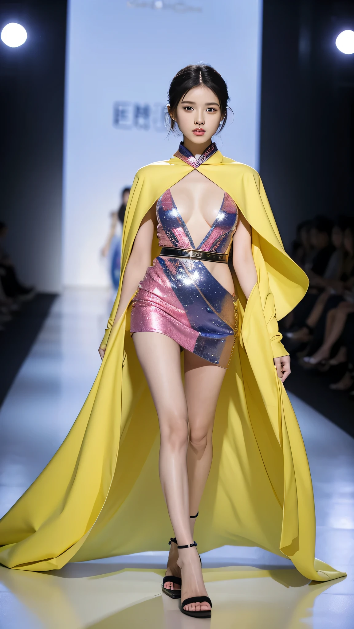 A woman walks on the runway, I only have one blanket on me, fashion runway, rich and colorful fashion, crazy fashion show, simple fashionable dress, catwalk photos, Creativity in fashion design, decorate, rich and colorful、fantastic outfits, fashion model, high fashion design, runway photos, rich and colorful的服装, belly button, long legs, Chinese girl, Beautiful lines, big breasts, Manners are elegant, High-heeled sandals, hip-covering skirt, short hair
