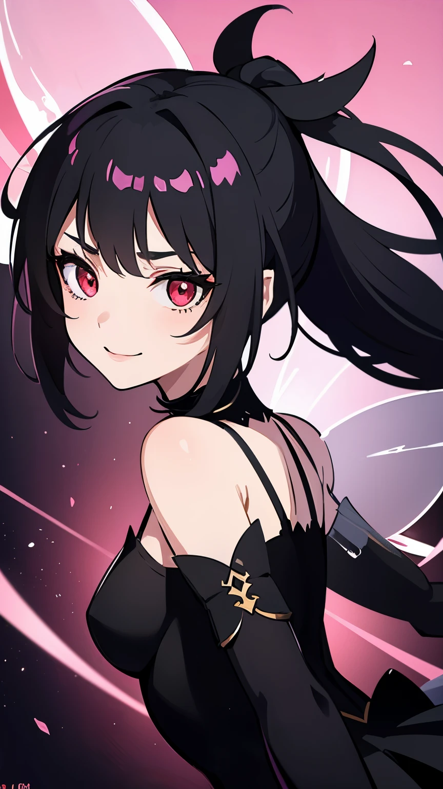 1girl, fairy girl, small, fairy wings, ((glowing pink fairy wings)), (fairy wings), Black hair color, ponytail hairstyles, short ponytail, red eye color, wearing leather armor, silver shoulder pads, black clothes,(glowing eyes), high resolution, extremely detailed CG unity 8k wallpaper, ((masterpiece)), ((top-quality)), (beautiful illustration), ((an extremely delicate and beautiful)), (masterpiece, Best quality, ultra high resolution), 1 girl, pale skin, Black Crown, red eyes, Luminous_eyes, neon red eyes, ultra detailed eyes, Beautiful and detailed face, detailed eyes, (Centered, torso), (wide shot:0.9), facing the viewer, Eye level, (floating hair), character focus, ((black light)), ((dark lighting)), cinematic lighting ,(darkness), (concept art), ((energetic face)), wide open smile, waving excitedly, dark black hair, ((red eyes))