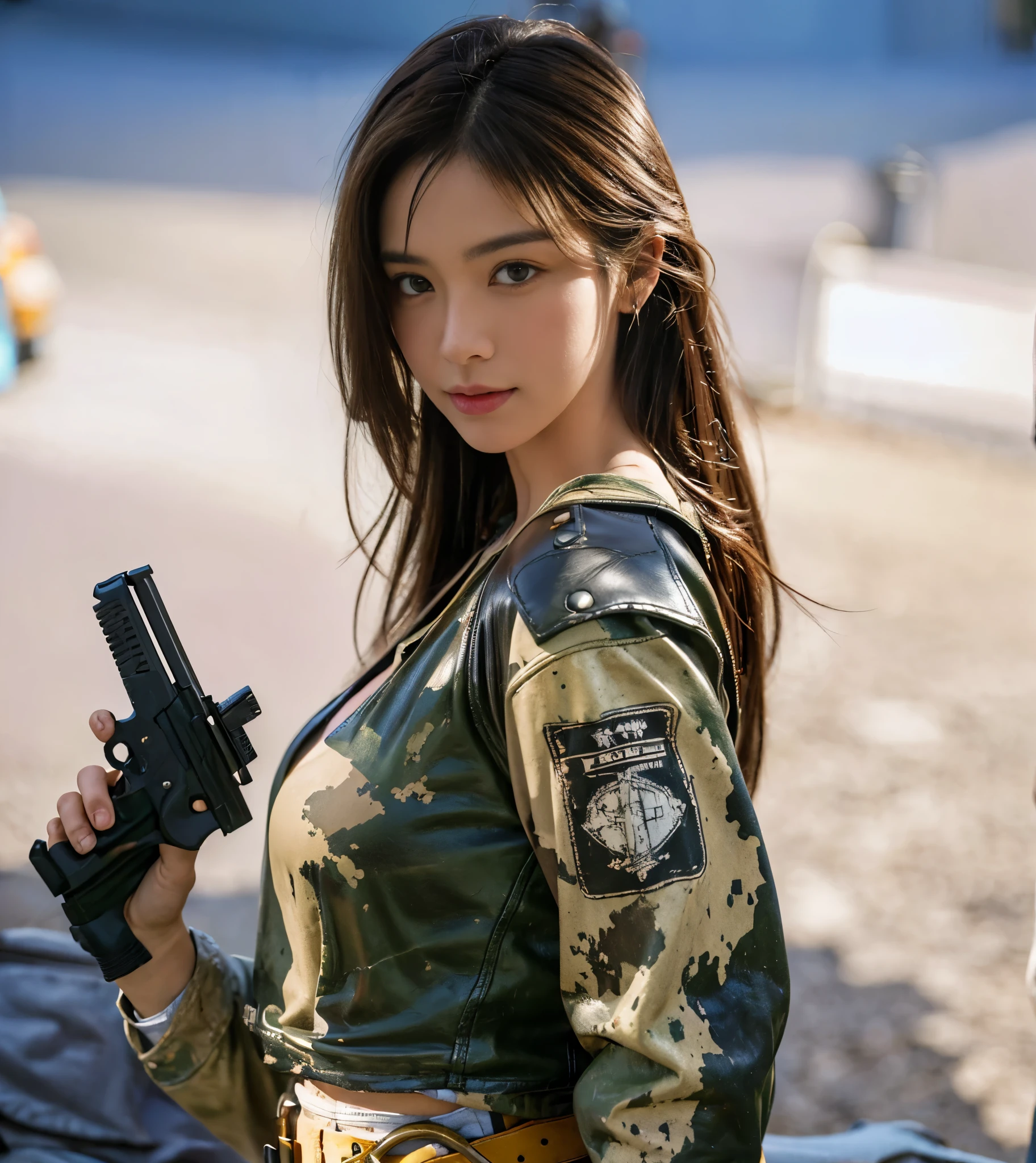 (Super detailed,best quality,high resolution:1.2),(actual:1.37),A girl looks into the camera，Casual clothes，Surreal，Realistic style，The end of the world after wearing clothes,Scavenger survivors,war torn,tattered clothes,Action packed,bright colors,(a girl, huge breasts, Detailed face, long hair, tight leather pants), pastel colors, dusty, high resolution, Super detailed，Cinema-level lighting effects, noon, pistol, gun, toolbelt