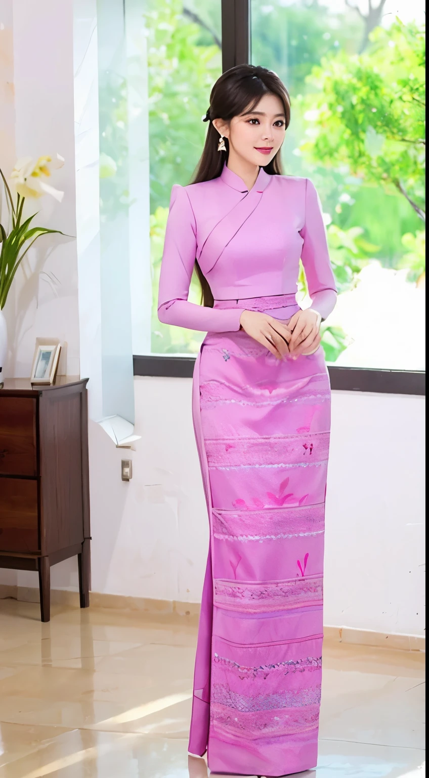 Master piace, high detail, full HD, beautiful, woman, 30 years, vibrant, colorful kmm dress, kmm, positivity, grace, flowing, figure, lively, cheerful, fashion, make-up,