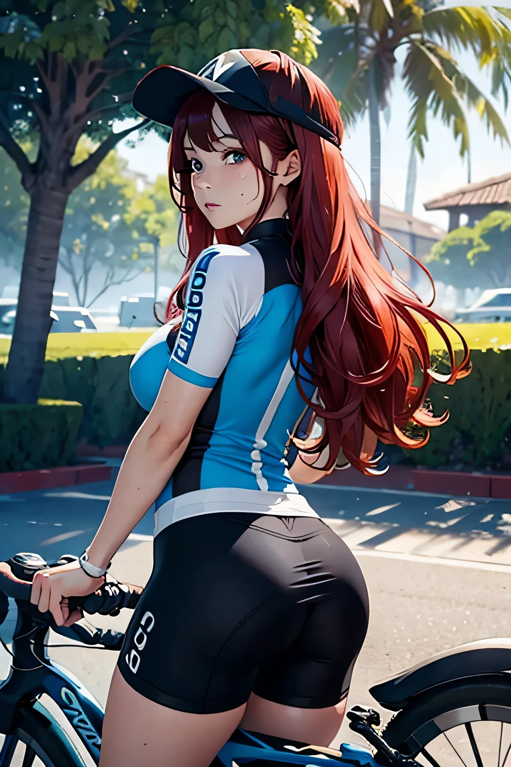 view from behind、butt、Focus on the butt、actual、Super high chroma、8k、Long red hair(((30 year old woman)))、((((She is wearing a black and blue aerodynamic cycling jersey。))))、Beautiful female cyclist、big breasts、Thick thighs、Pay attention to muscle development。bike shorts,pretty face, Highly detailed face and skin textures,(Eyes have small wrinkles, double eyelids, thin eyebrows, glitter eyeliner: 1.2, natural cheeks, skin shiny, White skin,, (glossy lips: 1. 4),Sweating 1.0、(((vitality)))