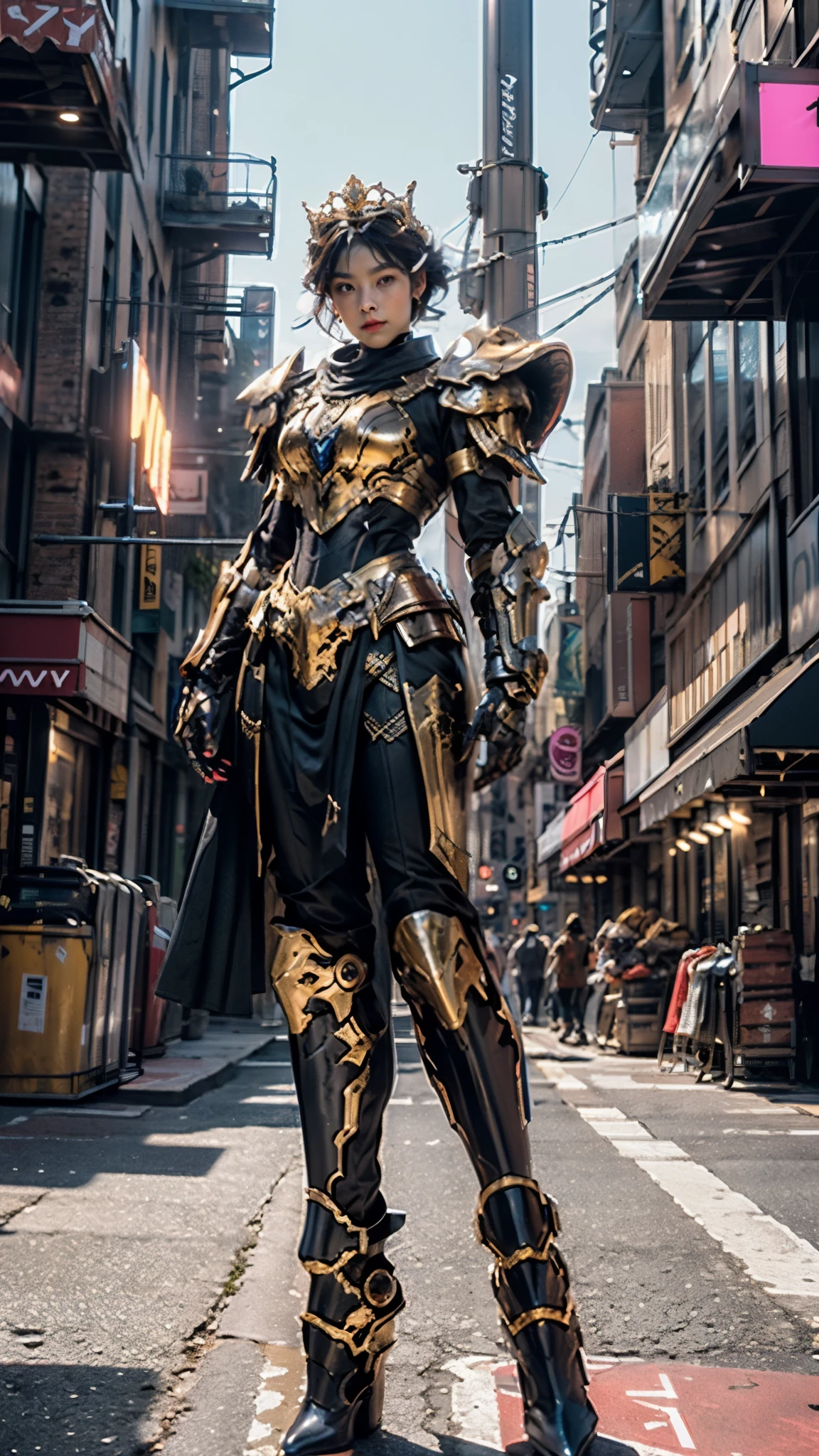 A woman adorned in fantasy-style full-body armor, a crown-concept fully enclosed helmet that unveils only her eyes, a composite layered chest plate, fully encompassing shoulder and hand guards, a lightweight waist armor, form-fitting shin guards, the overall design is heavy-duty yet flexible, ((the armor gleams with a golden glow, complemented by red and blue accents)), exhibiting a noble aura, she floats above the Futuristic city, this character embodies a finely crafted fantasy-surreal style armored hero in anime style, exquisite and mature manga art style, (Queen bee mixed with Spider concept Armor, photorealistic:1.4, real texture material:1.2, professional photo, cinematic), ((city night view, element, energy, elegant, goddess, femminine:1.5)), metallic, high definition, best quality, highres, ultra-detailed, ultra-fine painting, extremely delicate, anatomically correct, symmetrical face, extremely detailed eyes and face, high quality eyes, creativity, RAW photo, UHD, 32k, Natural light, cinematic lighting, masterpiece-anatomy-perfect, masterpiece:1.5