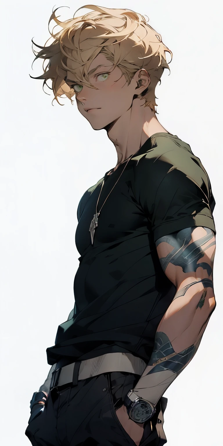  anime sketch, impressively detailed sketch, one man, detailed short blonde hair, detailed olive green eyes, Russian, toned muscular body, modern casual clothing, apocalyptic world, vivid colors, concept artists lighting, focus to torso, raised eyebrow, (((ADULTO))) 