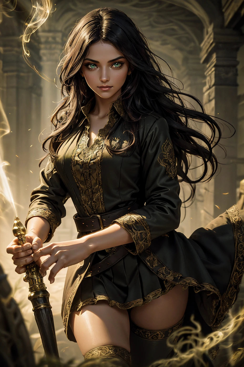 A stunning Indian beauty, with bright green eyes, standing in swirling black smoke, with dark brown-black long wavy hair, mesmerizing features with a scary expression, finely detailed eyes, angry mood masterpiece, top quality, best quality, official art, beautiful and aesthetic:1.2), (1girl), extreme detailed,(fractal art:1.3), colorful, highest detailed, (masterpiece, best quality:1.3) 1 bright-green-eyed woman, professional digital painting, Unreal Engine 5. Wearing a black-buttoned-up military-trench coat. Scary void dripping from body and face black magic swirling around. Arms up casting black magic from fingertips. Black smoke swirled around her. Holding a rapier. Purple-tinted background.A stunning Indian beauty, with dark brown-black long wavy long hair, with mesmerizing feature with a Hopeful smiling expression, finely detailed eyes, happy mood masterpiece, top quality, best quality, official art, beautiful and aesthetic:1.2), (1girl), extreme detailed,(fractal art:1.3), colorful, highest detailed, (masterpiece, best quality:1.3) 1 bright-green-eyed woman, professional digital painting, Unreal Engine 5. In a 1920 setting, holding lavender flowers at a Lavender flower farm, wearing 1930 style clothing, South-Indian woman, olive-skinned woman, masterpiece, top quality, best quality, official art, beautiful and aesthetic:1.2), (1girl), extreme detailed,(fractal art:1.3), colorful, highest detailed, (masterpiece, best quality:1.3) 1 green-eyed woman, professional digital painting, Unreal Engine 5. Wearing embroidered linen blouse, Wearing long pleated skirt, Wearing Moleskin Field Jacket. Long hair, hopeful expression, finely detailed eyes, smiling, epic scene, epic composition, Cinematic Lighting, Volumetric Lighting, ethereal light, intricate details, extremely detailed volumetric rays. Green Eyes. [Beautiful girl, linen shirt and pants, oil painting, Detailed facial features, Sunlight, bright colors, dramatic lighting, expressive eyes and lips, High Resolutio