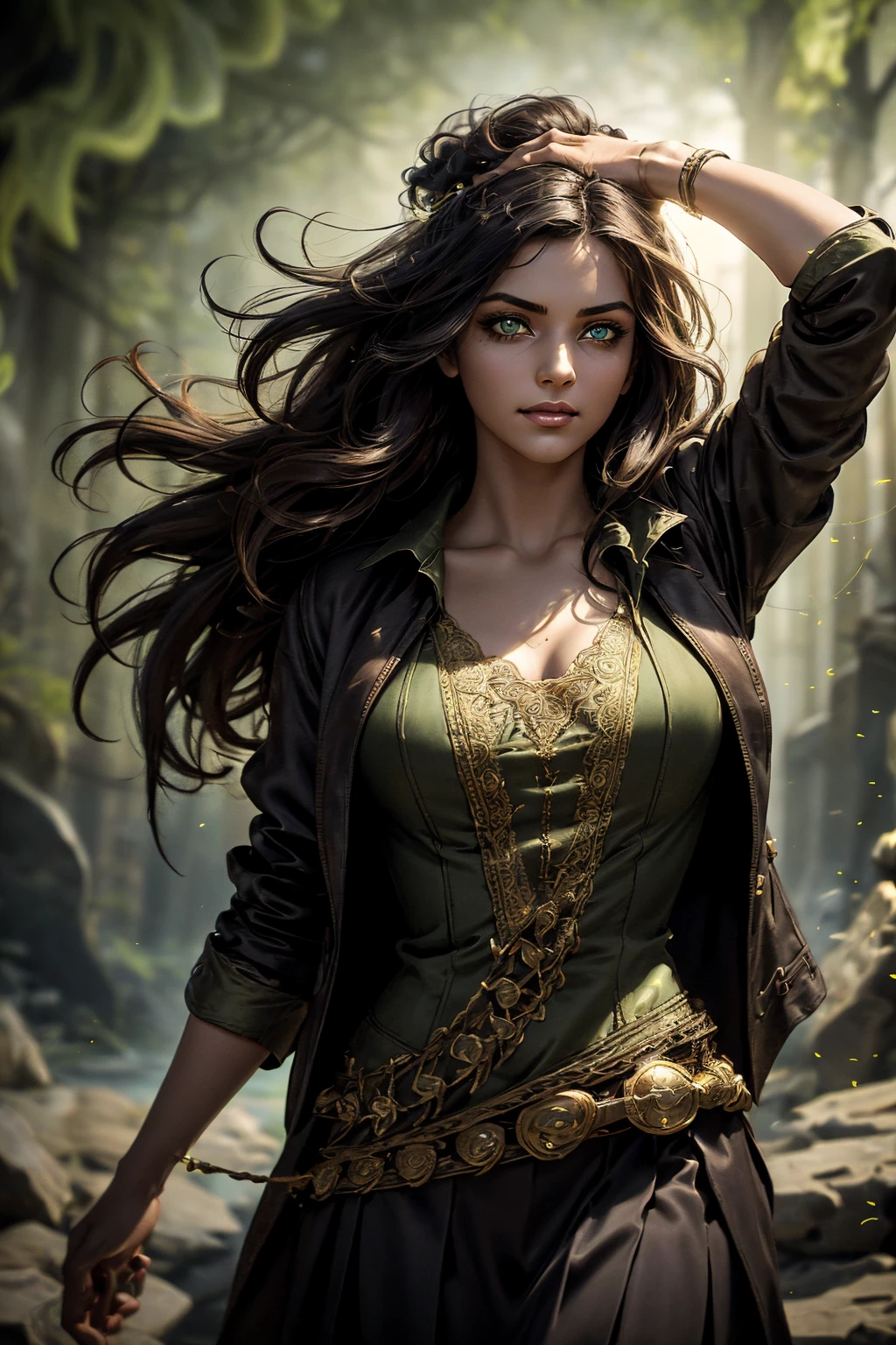 A stunning Indian beauty, with bright green eyes, standing in swirling black smoke, with dark brown-black long wavy hair, mesmerizing features with a scary expression, finely detailed eyes, angry mood masterpiece, top quality, best quality, official art, beautiful and aesthetic:1.2), (1girl), extreme detailed,(fractal art:1.3), colorful, highest detailed, (masterpiece, best quality:1.3) 1 bright-green-eyed woman, professional digital painting, Unreal Engine 5. Wearing a black-buttoned-up military-trench coat. Scary void dripping from body and face black magic swirling around. Arms up casting black magic from fingertips. Black smoke swirled around her. Holding a rapier. Purple-tinted background.A stunning Indian beauty, with dark brown-black long wavy long hair, with mesmerizing feature with a Hopeful smiling expression, finely detailed eyes, happy mood masterpiece, top quality, best quality, official art, beautiful and aesthetic:1.2), (1girl), extreme detailed,(fractal art:1.3), colorful, highest detailed, (masterpiece, best quality:1.3) 1 bright-green-eyed woman, professional digital painting, Unreal Engine 5. In a 1920 setting, holding lavender flowers at a Lavender flower farm, wearing 1930 style clothing, South-Indian woman, olive-skinned woman, masterpiece, top quality, best quality, official art, beautiful and aesthetic:1.2), (1girl), extreme detailed,(fractal art:1.3), colorful, highest detailed, (masterpiece, best quality:1.3) 1 green-eyed woman, professional digital painting, Unreal Engine 5. Wearing embroidered linen blouse, Wearing long pleated skirt, Wearing Moleskin Field Jacket. Long hair, hopeful expression, finely detailed eyes, smiling, epic scene, epic composition, Cinematic Lighting, Volumetric Lighting, ethereal light, intricate details, extremely detailed volumetric rays. Green Eyes. [Beautiful girl, linen shirt and pants, oil painting, Detailed facial features, Sunlight, bright colors, dramatic lighting, expressive eyes and lips, High Resolutio