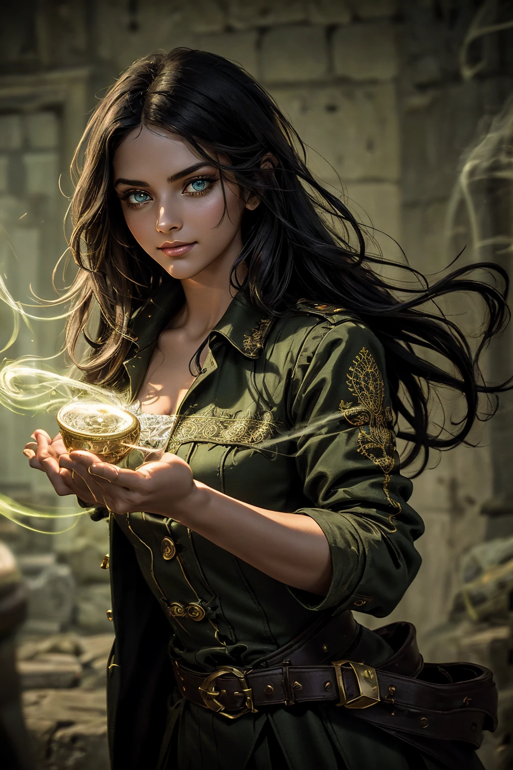 A stunning Indian beauty, with bright green eyes, standing in swirling black smoke, with dark brown-black long wavy hair, mesmerizing features with a scary expression, finely detailed eyes, angry mood masterpiece, top quality, best quality, official art, beautiful and aesthetic:1.2), (1girl), extreme detailed,(fractal art:1.3), colorful, highest detailed, (masterpiece, best quality:1.3) 1 bright-green-eyed woman, professional digital painting, Unreal Engine 5. Wearing a black-buttoned-up military-trench coat. Scary void dripping from body and face black magic swirling around. Arms up casting black magic from fingertips. Black smoke swirled around her. Holding a rapier. Purple-tinted background.A stunning Indian beauty, with dark brown-black long wavy long hair, with mesmerizing feature with a Hopeful smiling expression, finely detailed eyes, happy mood masterpiece, top quality, best quality, official art, beautiful and aesthetic:1.2), (1girl), extreme detailed,(fractal art:1.3), colorful, highest detailed, (masterpiece, best quality:1.3) 1 bright-green-eyed woman, professional digital painting, Unreal Engine 5. In a 1920 setting, holding lavender flowers at a Lavender flower farm, wearing 1930 style clothing, South-Indian woman, olive-skinned woman, masterpiece, top quality, best quality, official art, beautiful and aesthetic:1.2), (1girl), extreme detailed,(fractal art:1.3), colorful, highest detailed, (masterpiece, best quality:1.3) 1 green-eyed woman, professional digital painting, Unreal Engine 5. Wearing embroidered linen blouse, Wearing long pleated skirt, Wearing Moleskin Field Jacket. Long hair, hopeful expression, finely detailed eyes, smiling, epic scene, epic composition, Cinematic Lighting, Volumetric Lighting, ethereal light, intricate details, extremely detailed volumetric rays. Green Eyes. [Beautiful girl, linen shirt and pants, oil painting, Detailed facial features, Sunlight, bright colors, dramatic lighting, expressive eyes and lips, High Resolutio