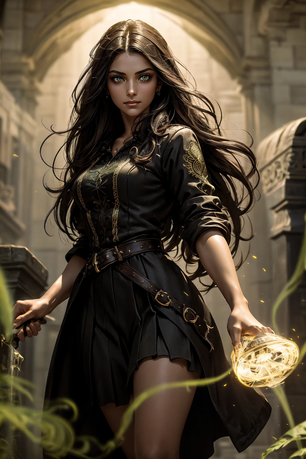 A stunning Indian beauty, with bright green eyes, standing in swirling black smoke, with dark brown-black long wavy hair, mesmerizing features with a scary expression, finely detailed eyes, angry mood masterpiece, top quality, best quality, official art, beautiful and aesthetic:1.2), (1girl), extreme detailed,(fractal art:1.3), colorful, highest detailed, (masterpiece, best quality:1.3) 1 bright-green-eyed woman, professional digital painting, Unreal Engine 5. Wearing a black-buttoned-up military-trench coat. Scary void dripping from body and face black magic swirling around. Arms up casting black magic from fingertips. Black smoke swirled around her. Holding a rapier. Purple-tinted background.A stunning Indian beauty, with dark brown-black long wavy long hair, with mesmerizing feature with a Hopeful smiling expression, finely detailed eyes, happy mood masterpiece, top quality, best quality, official art, beautiful and aesthetic:1.2), (1girl), extreme detailed,(fractal art:1.3), colorful, highest detailed, (masterpiece, best quality:1.3) 1 bright-green-eyed woman, professional digital painting, Unreal Engine 5. In a 1920 setting, holding lavender flowers at a Lavender flower farm, wearing 1930 style clothing, South-Indian woman, olive-skinned woman, masterpiece, top quality, best quality, official art, beautiful and aesthetic:1.2), (1girl), extreme detailed,(fractal art:1.3), colorful, highest detailed, (masterpiece, best quality:1.3) 1 green-eyed woman, professional digital painting, Unreal Engine 5. Wearing embroidered linen blouse, Wearing long pleated skirt, Wearing Moleskin Field Jacket. Long hair, hopeful expression, finely detailed eyes, smiling, epic scene, epic composition, Cinematic Lighting, Volumetric Lighting, ethereal light, intricate details, extremely detailed volumetric rays. Green Eyes. [Beautiful girl, linen shirt and pants, oil painting, Detailed facial features, Sunlight, bright colors, dramatic lighting, expressive eyes and lips, High Resolutio