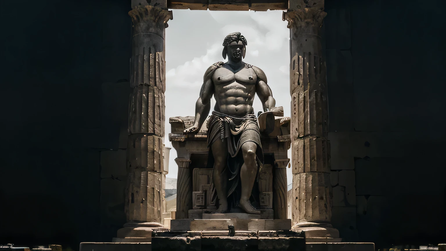 A dark landscape image of an ancient greek society deeply connected to stoicism, black and white, ancient greek architecture, include one single huge statue of a stereotypical strong greek man in the foreground standing, marcus aurelius 