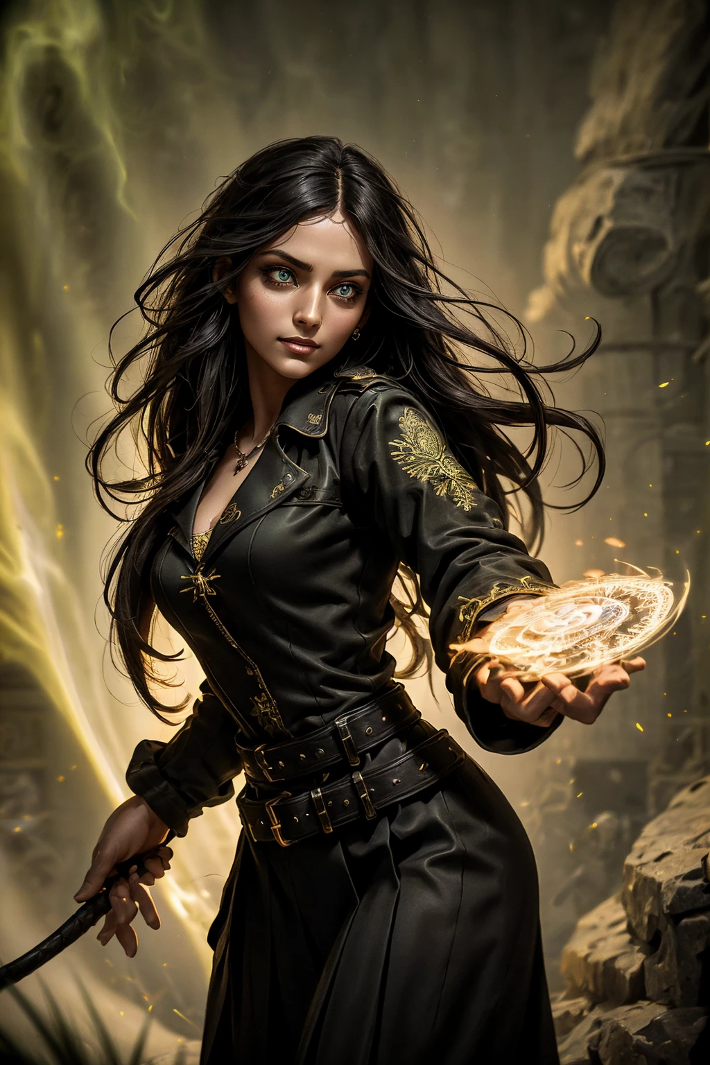 A stunning Indian beauty, with bright green eyes, standing in swirling black smoke, with dark brown-black long wavy hair, mesmerizing features with a scary expression, finely detailed eyes, angry mood masterpiece, top quality, best quality, official art, beautiful and aesthetic:1.2), (1girl), extreme detailed,(fractal art:1.3), colorful, highest detailed, (masterpiece, best quality:1.3) 1 bright-green-eyed woman, professional digital painting, Unreal Engine 5. Wearing a black-buttoned-up military-trench coat. Scary void dripping from body and face black magic swirling around. Arms up casting black magic from fingertips. Black smoke swirled around her. Holding a rapier. Purple-tinted background.A stunning Indian beauty, with dark brown-black long wavy long hair, with mesmerizing feature with a Hopeful smiling expression, finely detailed eyes, happy mood masterpiece, top quality, best quality, official art, beautiful and aesthetic:1.2), (1girl), extreme detailed,(fractal art:1.3), colorful, highest detailed, (masterpiece, best quality:1.3) 1 bright-green-eyed woman, professional digital painting, Unreal Engine 5. In a 1920 setting, holding lavender flowers at a Lavender flower farm, wearing 1930 style clothing, South-Indian woman, olive-skinned woman, masterpiece, top quality, best quality, official art, beautiful and aesthetic:1.2), (1girl), extreme detailed,(fractal art:1.3), colorful, highest detailed, (masterpiece, best quality:1.3) 1 green-eyed woman, professional digital painting, Unreal Engine 5. Wearing embroidered linen blouse, Wearing long pleated skirt, Wearing Moleskin Field Jacket. Long hair, hopeful expression, finely detailed eyes, smiling, epic scene, epic composition, Cinematic Lighting, Volumetric Lighting, ethereal light, intricate details, extremely detailed volumetric rays. Green Eyes. [Beautiful girl, linen shirt and pants, oil painting, Detailed facial features, Sunlight, bright colors, dramatic lighting, expressive eyes and lips, High Resolutio