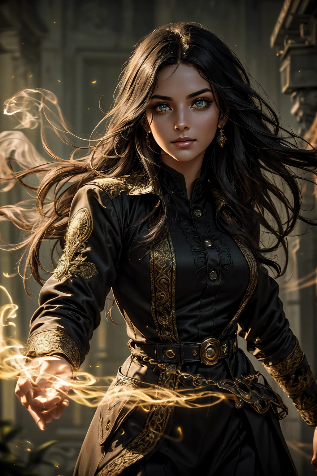 A stunning Indian beauty, with bright green eyes, standing in swirling black smoke, with dark brown-black long wavy hair, mesmerizing features with a scary expression, finely detailed eyes, angry mood masterpiece, top quality, best quality, official art, beautiful and aesthetic:1.2), (1girl), extreme detailed,(fractal art:1.3), colorful, highest detailed, (masterpiece, best quality:1.3) 1 bright-green-eyed woman, professional digital painting, Unreal Engine 5. Wearing a black-buttoned-up military-trench coat. Scary void dripping from body and face black magic swirling around. Arms up casting black magic from fingertips. Black smoke swirled around her. Holding a rapier. Purple-tinted background.A stunning Indian beauty, with dark brown-black long wavy long hair, with mesmerizing feature with a Hopeful smiling expression, finely detailed eyes, happy mood masterpiece, top quality, best quality, official art, beautiful and aesthetic:1.2), (1girl), extreme detailed,(fractal art:1.3), colorful, highest detailed, (masterpiece, best quality:1.3) 1 bright-green-eyed woman, professional digital painting, Unreal Engine 5. In a 1920 setting, holding lavender flowers at a Lavender flower farm, wearing 1930 style clothing, South-Indian woman, olive-skinned woman, masterpiece, top quality, best quality, official art, beautiful and aesthetic:1.2), (1girl), extreme detailed,(fractal art:1.3), colorful, highest detailed, (masterpiece, best quality:1.3) 1 green-eyed woman, professional digital painting, Unreal Engine 5. Wearing embroidered linen blouse, Wearing long pleated skirt, Wearing Moleskin Field Jacket. Long hair, hopeful expression, finely detailed eyes, smiling, epic scene, epic composition, Cinematic Lighting, Volumetric Lighting, ethereal light, intricate details, extremely detailed volumetric rays. Green Eyes. [Beautiful girl, linen shirt and pants, oil painting, Detailed facial features, Sunlight, bright colors, dramatic lighting, expressive eyes and lips, High Resolutio