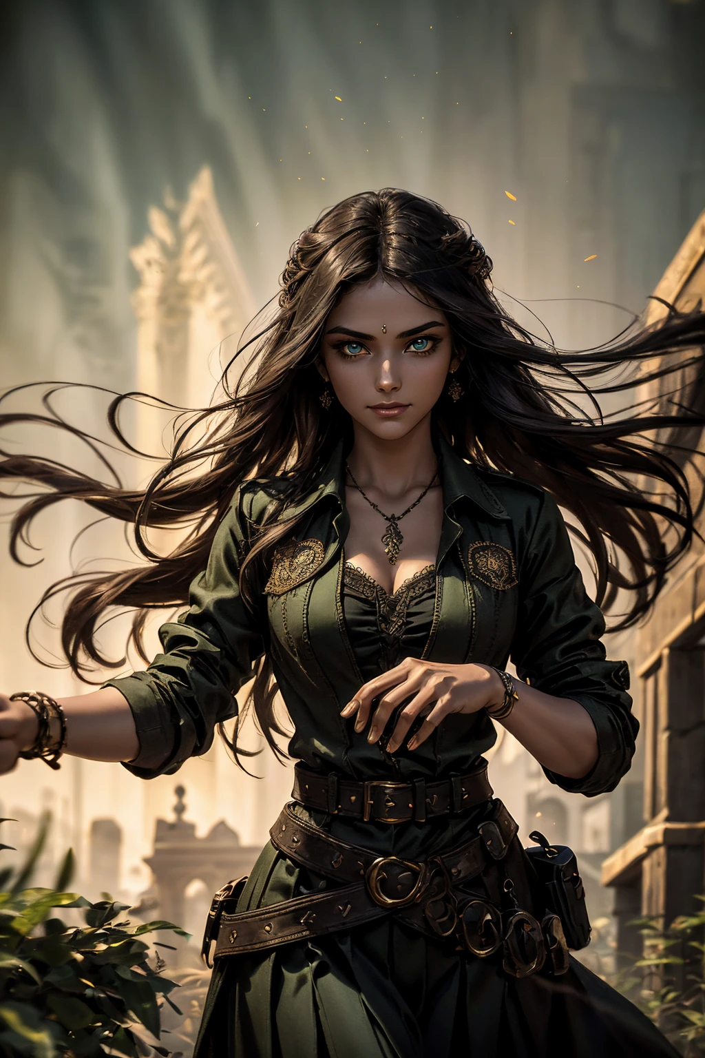 A stunning Indian beauty, with bright green eyes, standing in swirling black smoke, with dark brown-black long wavy hair, mesmerizing features with a scary expression, finely detailed eyes, angry mood masterpiece, top quality, best quality, official art, beautiful and aesthetic:1.2), (1girl), extreme detailed,(fractal art:1.3), colorful, highest detailed, (masterpiece, best quality:1.3) 1 bright-green-eyed woman, professional digital painting, Unreal Engine 5. Wearing a black-buttoned-up military-trench coat. Scary void dripping from body and face black magic swirling around. Arms up casting black magic from fingertips. Black smoke swirled around her. Holding a rapier. Purple-tinted background.A stunning Indian beauty, with dark brown-black long wavy long hair, with mesmerizing feature with a Hopeful smiling expression, finely detailed eyes, happy mood masterpiece, top quality, best quality, official art, beautiful and aesthetic:1.2), (1girl), extreme detailed,(fractal art:1.3), colorful, highest detailed, (masterpiece, best quality:1.3) 1 bright-green-eyed woman, professional digital painting, Unreal Engine 5. In a 1920 setting, holding lavender flowers at a Lavender flower farm, wearing 1930 style clothing, South-Indian woman, olive-skinned woman, masterpiece, top quality, best quality, official art, beautiful and aesthetic:1.2), (1girl), extreme detailed,(fractal art:1.3), colorful, highest detailed, (masterpiece, best quality:1.3) 1 green-eyed woman, professional digital painting, Unreal Engine 5. Wearing embroidered linen blouse, Wearing long pleated skirt, Wearing Moleskin Field Jacket. Long hair, hopeful expression, finely detailed eyes, smiling, epic scene, epic composition, Cinematic Lighting, Volumetric Lighting, ethereal light, intricate details, extremely detailed volumetric rays. Green Eyes. [Beautiful girl, linen shirt and pants, oil painting, Detailed facial features, Sunlight, bright colors, dramatic lighting, expressive eyes and lips, High Resolutio