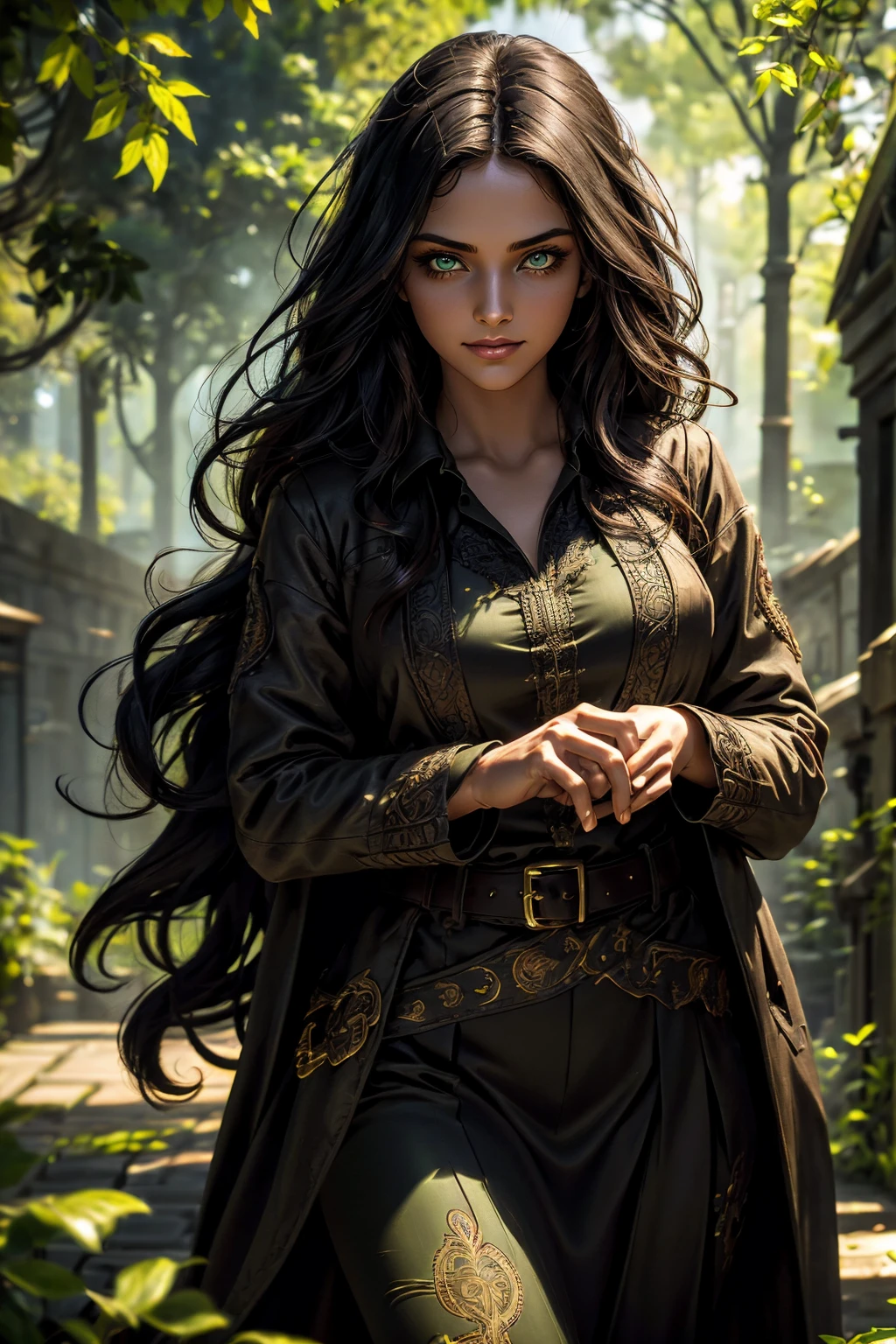 A stunning Indian beauty, with bright green eyes, standing in swirling black smoke, with dark brown-black long wavy hair, mesmerizing features with a scary expression, finely detailed eyes, angry mood masterpiece, top quality, best quality, official art, beautiful and aesthetic:1.2), (1girl), extreme detailed,(fractal art:1.3), colorful, highest detailed, (masterpiece, best quality:1.3) 1 bright-green-eyed woman, professional digital painting, Unreal Engine 5. Wearing a black-buttoned-up military-trench coat. Scary void dripping from body and face black magic swirling around. Arms up casting black magic from fingertips. Black smoke swirled around her. Holding a rapier. Purple-tinted background.A stunning Indian beauty, with dark brown-black long wavy long hair, with mesmerizing feature with a Hopeful smiling expression, finely detailed eyes, happy mood masterpiece, top quality, best quality, official art, beautiful and aesthetic:1.2), (1girl), extreme detailed,(fractal art:1.3), colorful, highest detailed, (masterpiece, best quality:1.3) 1 bright-green-eyed woman, professional digital painting, Unreal Engine 5. In a 1920 setting, holding lavender flowers at a Lavender flower farm, wearing 1930 style clothing, South-Indian woman, olive-skinned woman, masterpiece, top quality, best quality, official art, beautiful and aesthetic:1.2), (1girl), extreme detailed,(fractal art:1.3), colorful, highest detailed, (masterpiece, best quality:1.3) 1 green-eyed woman, professional digital painting, Unreal Engine 5. Wearing embroidered linen blouse, Wearing long pleated skirt, Wearing Moleskin Field Jacket. Long hair, hopeful expression, finely detailed eyes, smiling, epic scene, epic composition, Cinematic Lighting, Volumetric Lighting, ethereal light, intricate details, extremely detailed volumetric rays. Green Eyes. [Beautiful girl, linen shirt and pants, oil painting, Detailed facial features, Sunlight, bright colors, dramatic lighting, expressive eyes and lips, High Resolutio