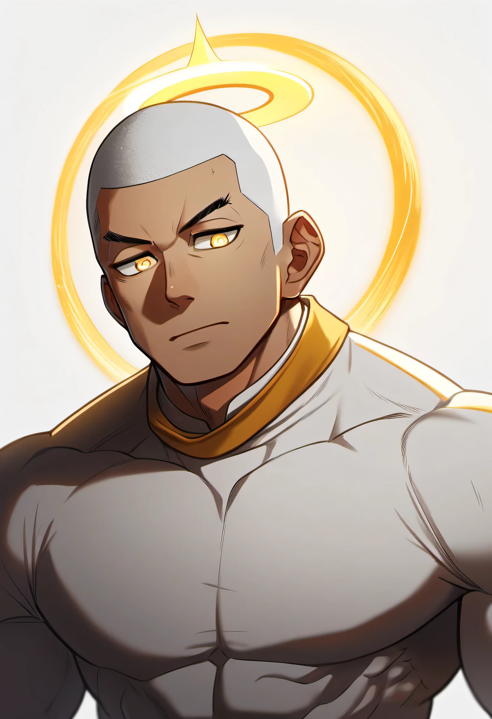 1 muscular monk, male focus, White compression pantyhose, white hair,muscular male, muscular, only, Upper body, alone, white short hair, stubble, black hair, yellow eyes, White background, simple background, amazing quality, best aesthetics, Ridiculous, bright pupils, buzz clip, There is a dazzling halo behind the head, halo, sigh, best quality