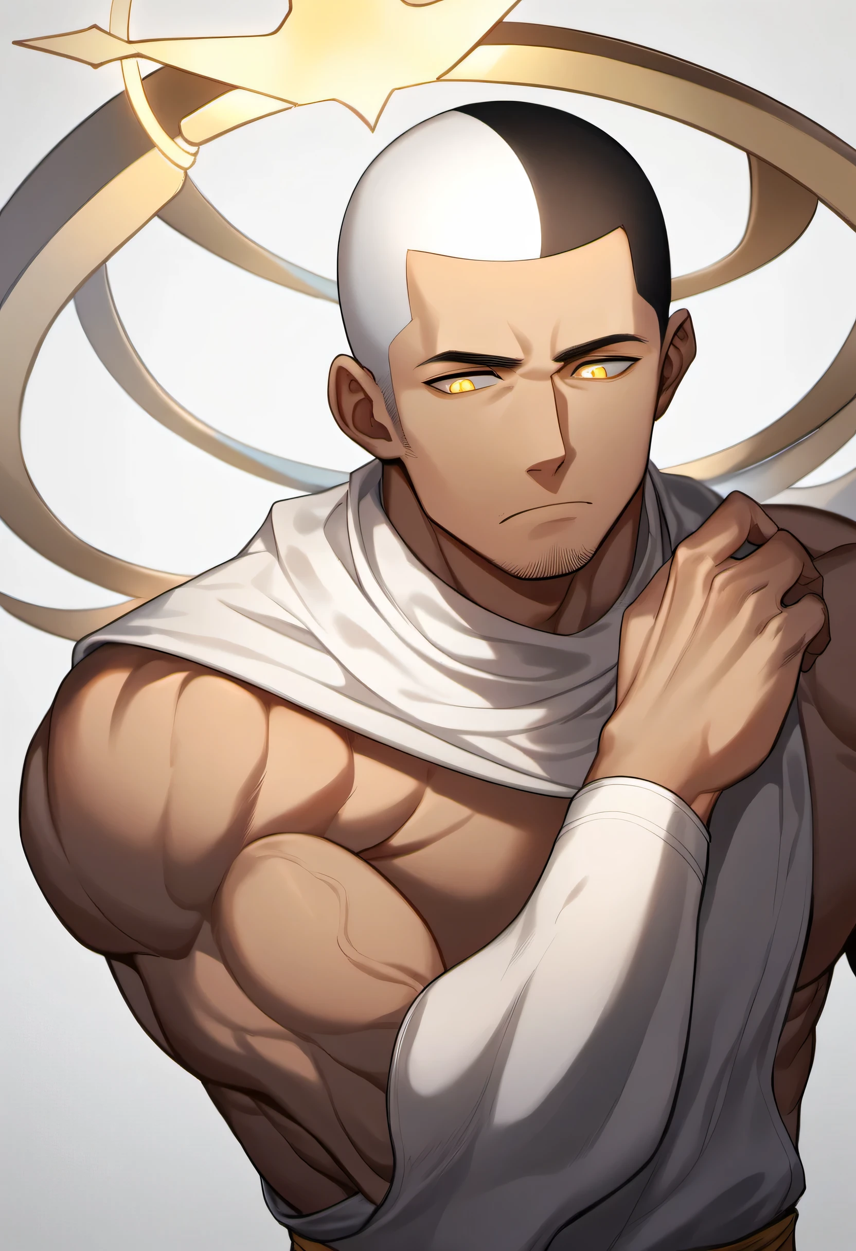 1 muscular monk, male focus, White compression pantyhose, white hair,muscular male, muscular, only, Upper body, alone, white short hair, stubble, black hair, yellow eyes, White background, simple background, amazing quality, best aesthetics, Ridiculous, bright pupils, buzz clip, There is a dazzling halo behind the head, halo, sigh, best quality