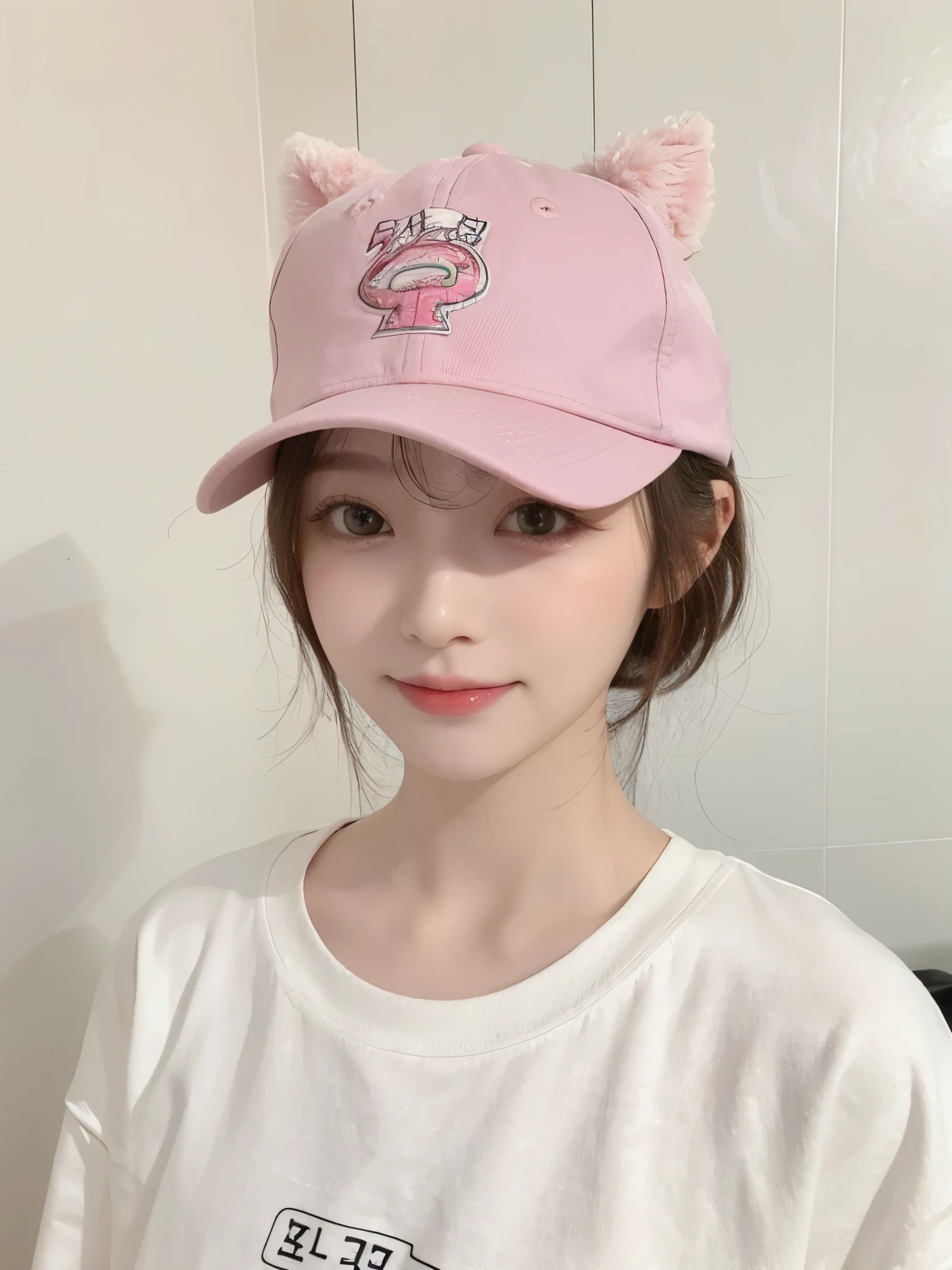 Best image quality、original photo、ultra high resolution、21 years old Korean、small breasts、dynamic angle、Cowboy shooting、The most beautiful form of chaos、elegant、Innovative design、bright colors、,light brown short hair、disheveled hair、light brown eyes 、black baseball cap(表情Smile)、short bob、Smile、Fair and shiny skin、beautiful eyes,random colors、The details are very beautiful、thin lips、细致beautiful eyes、elongated eyes、pale pink cheeks、long eyelashes、beautiful double eyelids、eye shadow、he、White big T-shirt sweatshirt、baggy pants、Shot from the side、sexy pose、enlarge