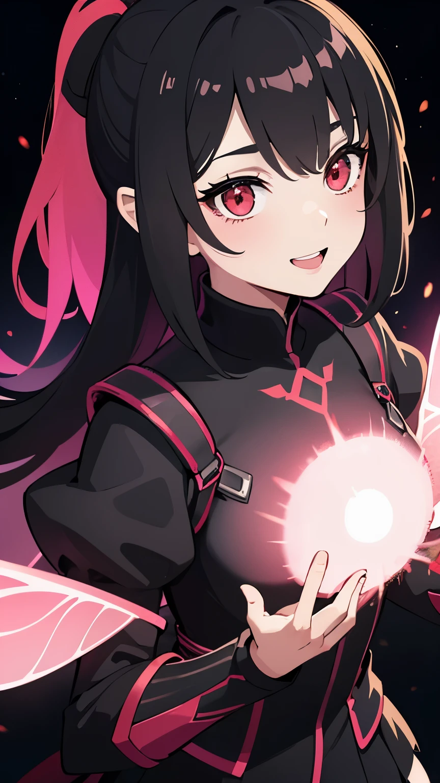 1girl, fairy girl, small, fairy wings, ((glowing pink fairy wings)), (fairy wings), Black hair color, ponytail hairstyles, short ponytail, red eye color, wearing leather armor, silver shoulder pads, black clothes,(glowing eyes), high resolution, extremely detailed CG unity 8k wallpaper, ((masterpiece)), ((top-quality)), (beautiful illustration), ((an extremely delicate and beautiful)), (masterpiece, Best quality, ultra high resolution), 1 girl, pale skin, Black Crown, red eyes, Luminous_eyes, neon red eyes, ultra detailed eyes, Beautiful and detailed face, detailed eyes, (Centered, torso), (wide shot:0.9), facing the viewer, Eye level, (floating hair), character focus, ((black light)), ((dark lighting)), cinematic lighting ,(darkness), (concept art), ((energetic face)), wide open smile, waving excitedly, dark black hair, ((red eyes))