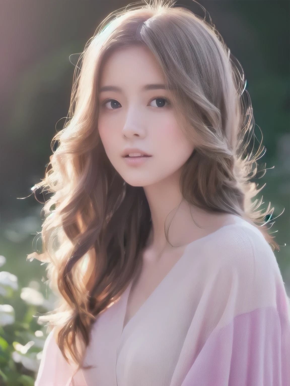 soft color palette, beautiful girl, shy expression, illustration, (best quality, ultra-detailed), pastel tones, gentle lighting, flowing hair, delicate features, dreamy atmosphere, waterfall