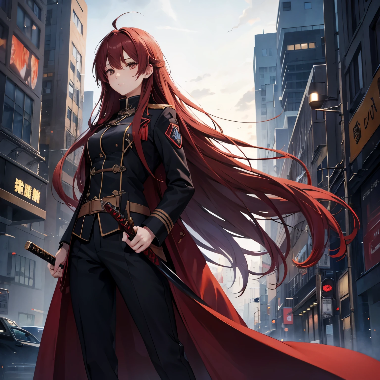 Woman, red long hair, messy hair, Brown eyes, woman's overcoat, blue katana, uniform clothes, dark city background, posture