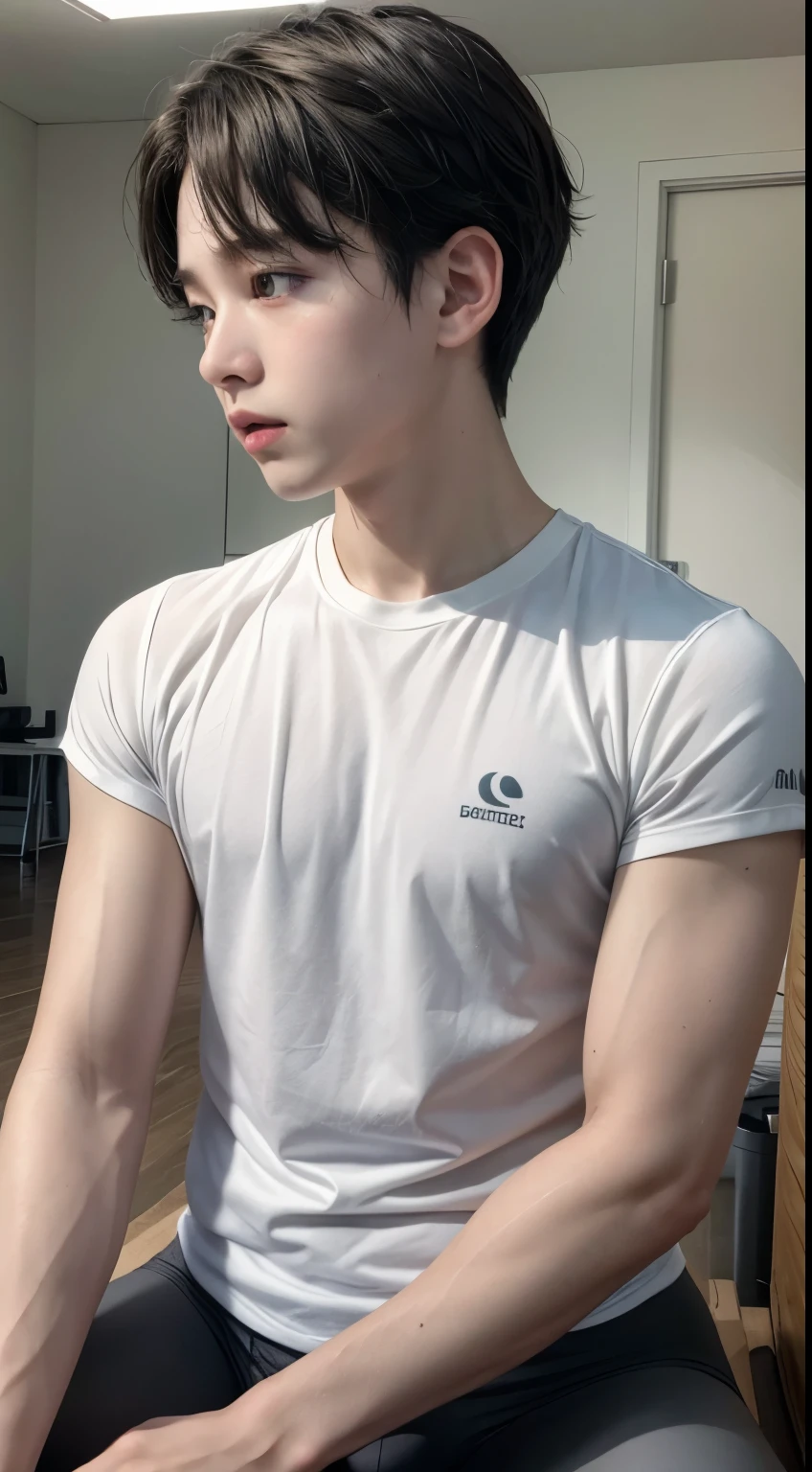 ((((Son Dongpyo face and hair)))), ((in dance practice room)), ((lean male sitting with big bulge)), ((wet body wearing tight white and gray tight ballet shirt)), ((from front shot)), ((Dongpyo sexy cute face)), Dongpyo hair, perfect eyes, realistic human anatomy, realistic skin, photorealistic, cinematic lighting, hyper realistic, elegant, ultra detailed, sharp lines, uplight