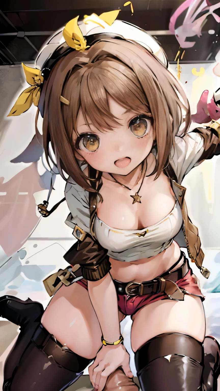 High resolution、1 girl、Ryza, 1 girl, ((1boy)), shorts, gloves, belt bag, have, head ribbon, jewelry, (red shorts), brown hair, thighs thighs thighs, short shorts, thigh bridal legwear, necklace, brown eyes, single glove, hair ornaments, Barrette, star necklace, shoes without toes, leather, star (symbol), white hat, Brown gloves,((six nine)) Knee-high boots, short hair, leather Belt, brown belt, leather gloves, Jacket,transparent clothes、 blue belt, belly button, thigh boots, ノースリーブJacket, thigh pouch, white thighs, clavicle, 黄色のJacket, brown shoes, cleavage, huge breasts, 1 boy、penis、girl blaming a boy、ejaculate vigorously、evil smile、holding the penis、handjob、handjob, perfect hands、(she doesn&#39;t give blowjobs)、Small penis、(play with a man, Play with a man&#39;s butthole with one hand)、boy&#39;s butt, ((woman on top))