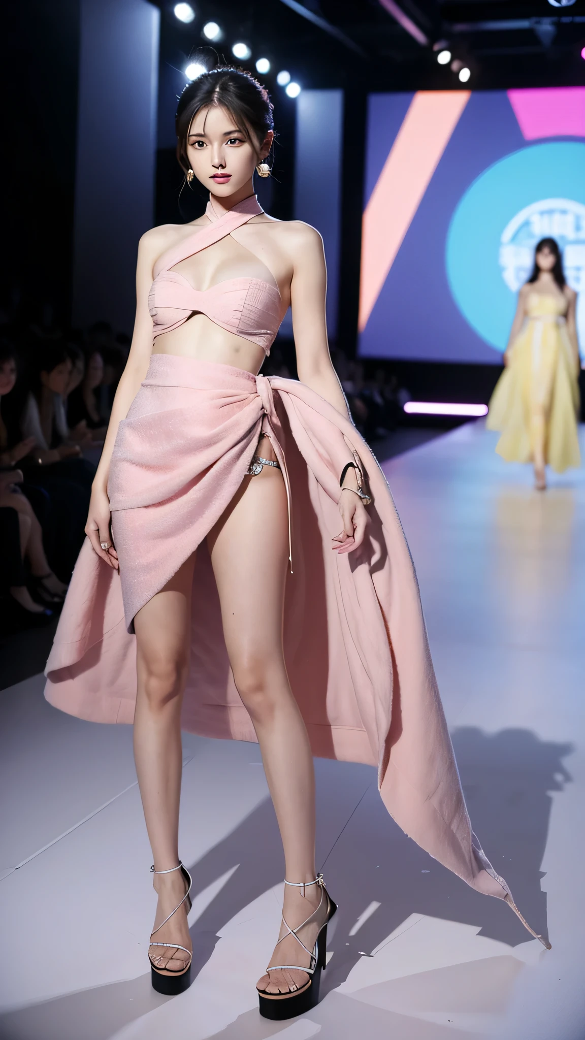 A woman walks on the runway, I only have one blanket on me, fashion runway, rich and colorful fashion, crazy fashion show, simple fashionable dress, catwalk photos, Creativity in fashion design, decorate, rich and colorful、fantastic outfits, fashion model, high fashion design, runway photos, rich and colorful的服装, belly button, long legs, Chinese girl, Beautiful lines, Chest, Manners are elegant, High-heeled sandals, hip-covering skirt, short hair, straight legs, high slit skirt