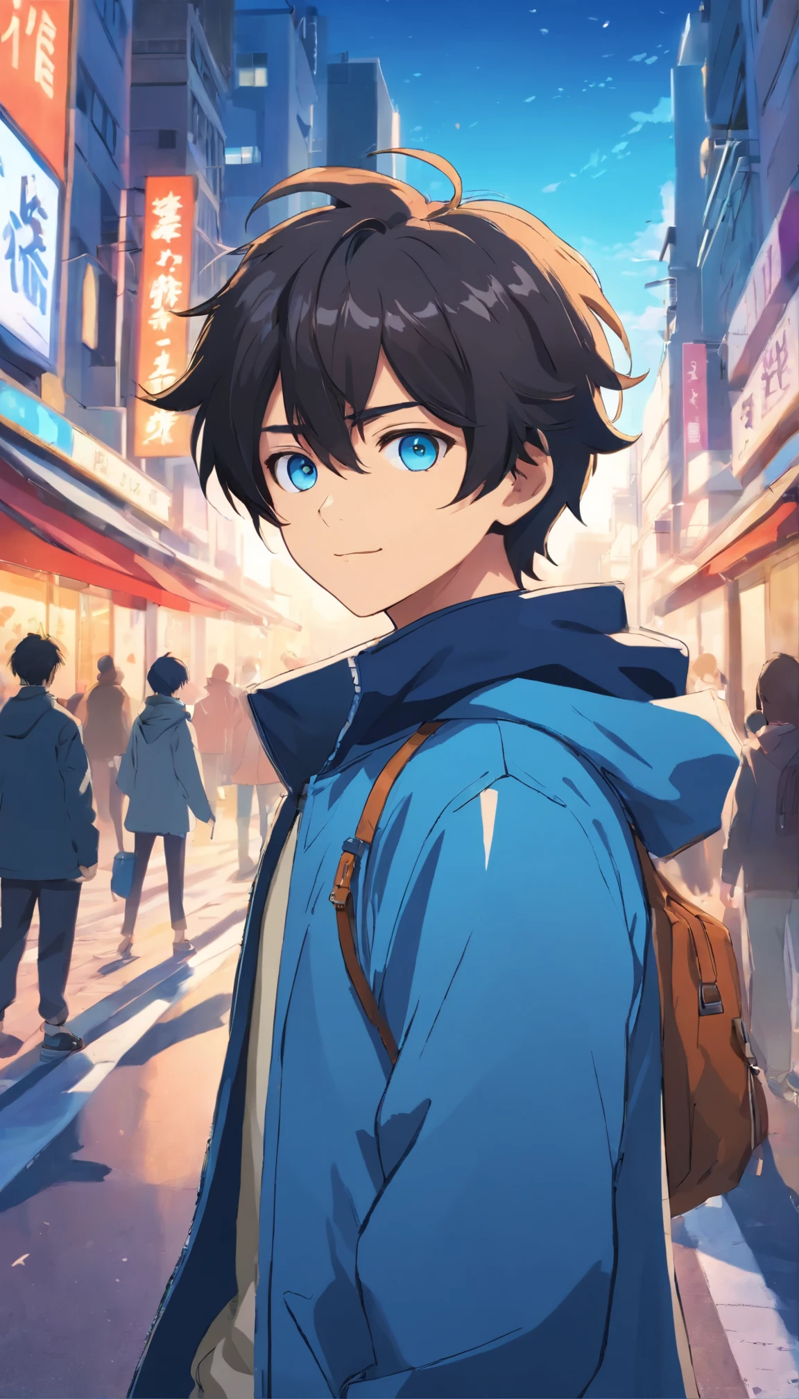 A boy with, Transform into an anime style, Exaggerate unique facial features and clothing, Light blue eyes, Puppy eyes and dark curls, blue jacket, Stand on the bustling city streets, The backlit background highlights the subject, High-contrast colors, 4K HD quality，Young, Smiling, Handsome