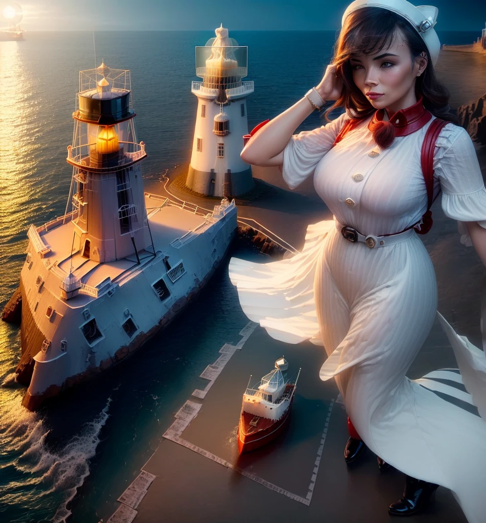 ((lighthouse on cliff, calm sea, Moonlight reflected in the sea, bottom boat:1.5)),((best quality)), ((masterpiece)), (Very detailed:1.3), 3d, beautiful, glowing particles:1.4, 32k