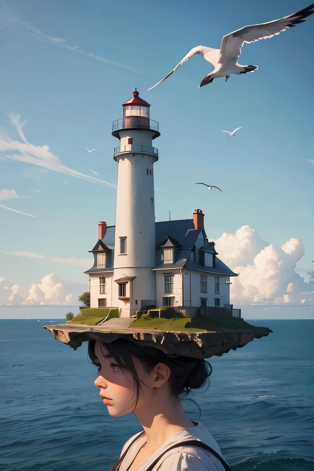 (8k RAW photo,best quality, masterpiece:1.2), (realistic, photo-realistic:1.37), a lighthouse on a floating island like a Magritte painting, floating in the air, clouds and sky, seagulls flying, the border between land and sea,