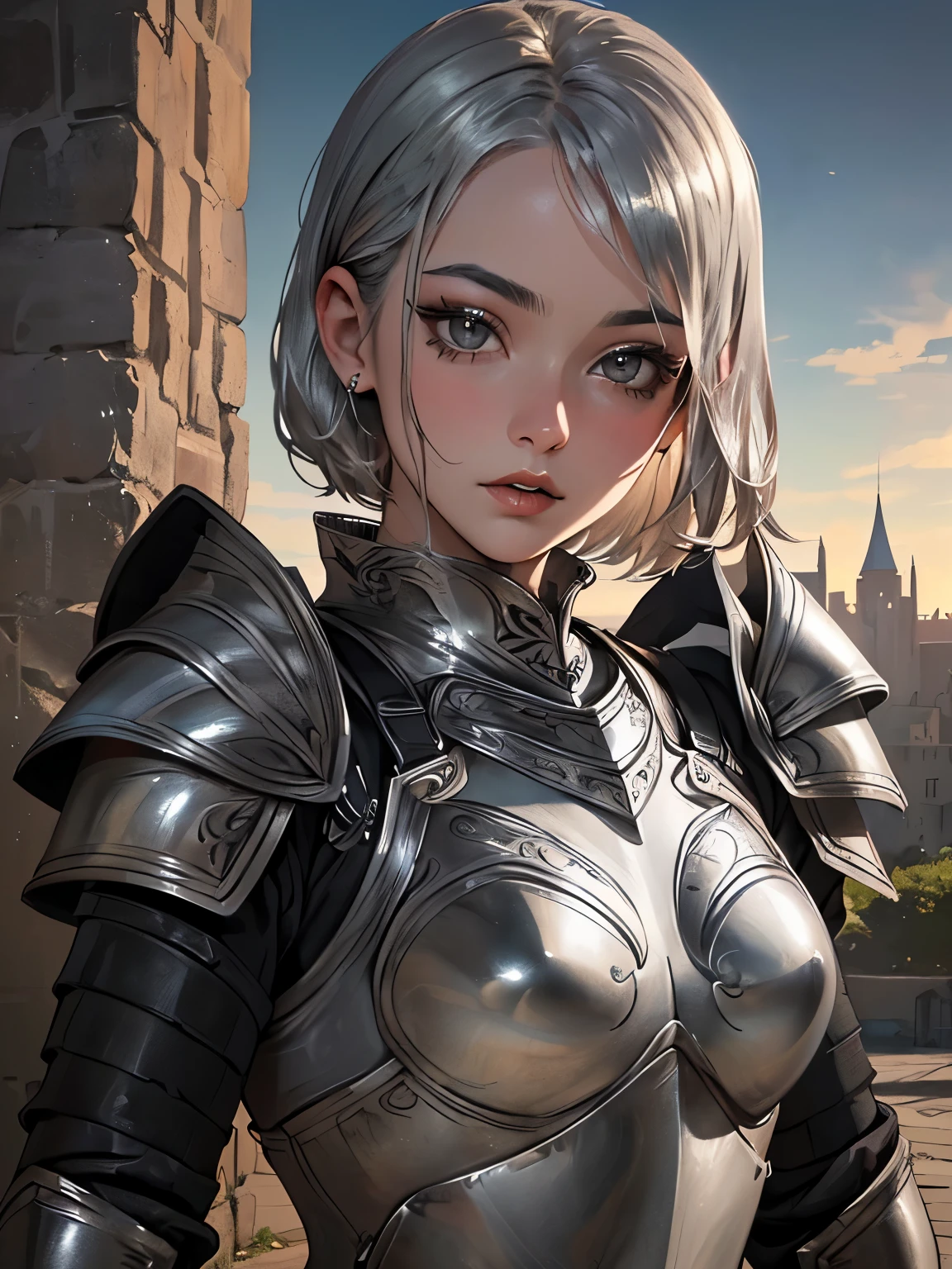 NSFW((masterpiece)), (((Best Quality))), ((Ultra-detailed)), (extremely detailed photo), ((extremely delicate and beautiful)),(Cute delicate face), (A  very dignified girl),((silver and black full armor:1.5)) ,holding a glowing weapon,(Castle ruins in the evening background),short hair,solo,double eyelid,delicate skin,slender body shape,