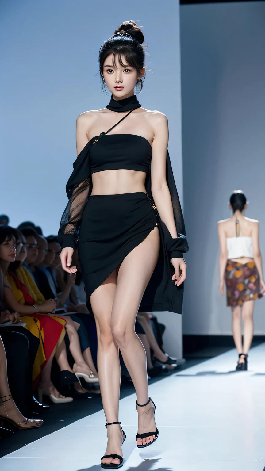 A woman walks on the runway, She only had a blanket covering her body, fashion runway, rich and colorful fashion, crazy fashion show, simple fashionable dress, catwalk photos, Creativity in fashion design, decorate, rich and colorful、fantastic outfits, fashion model, high fashion design, runway photos, rich and colorful的服装, belly button, long legs, Chinese girl, Beautiful lines, Chest, Manners are elegant, High-heeled sandals, hip-covering skirt, very short hair, straight legs