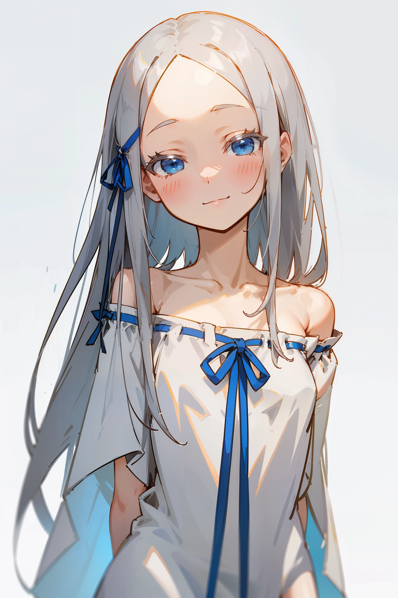 (masterpiece, best quality, ultra high quality, by quan, by mappa, sketch:1.1), ((portrait)), 1girl, solo, pandora, blue eyes, long hair, grey hair, white hair, forehead, blush, bangs, small breasts, parted bangs, barefoot, neutral, innexpressive, small smile, thighs, ((pddf)), dress, dress ribbon, hair ribbon, white dress, loose dress, blue ribbon, bare shoulders, (arms behind back), upper body, standing,, isometric lightning, white background, simple background