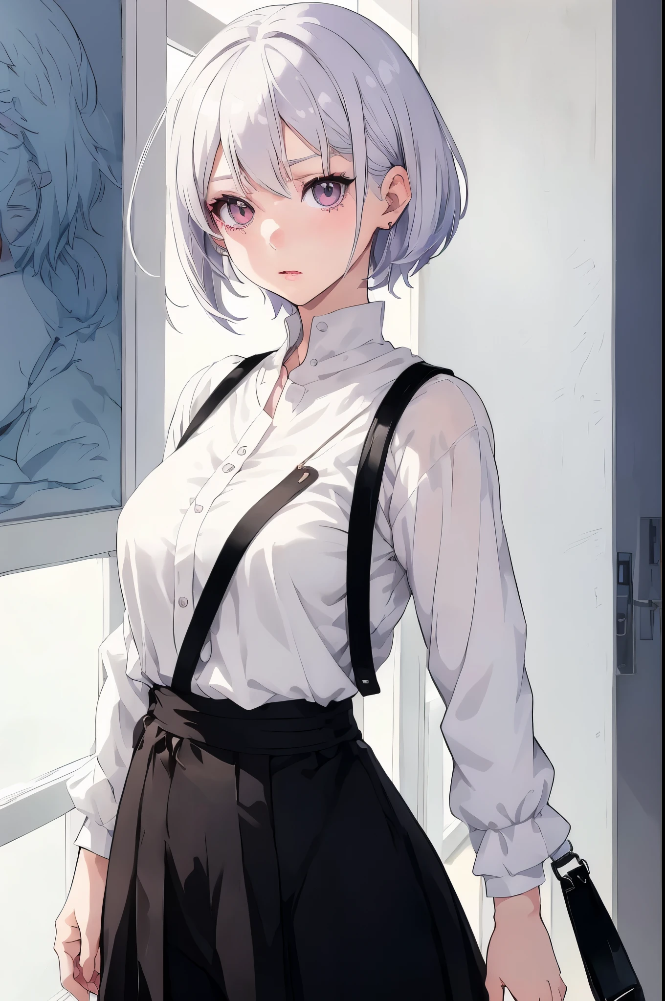 anime girl with white hair and a white shirt and black bag, girl with short white hair, anime visual of a cute girl, young anime girl, an anime girl, attractive anime girl, realistic young anime girl, style anime, girl with white hair, portrait anime girl, portrait of an anime girl, realistic anime artstyle, clean detailed anime style