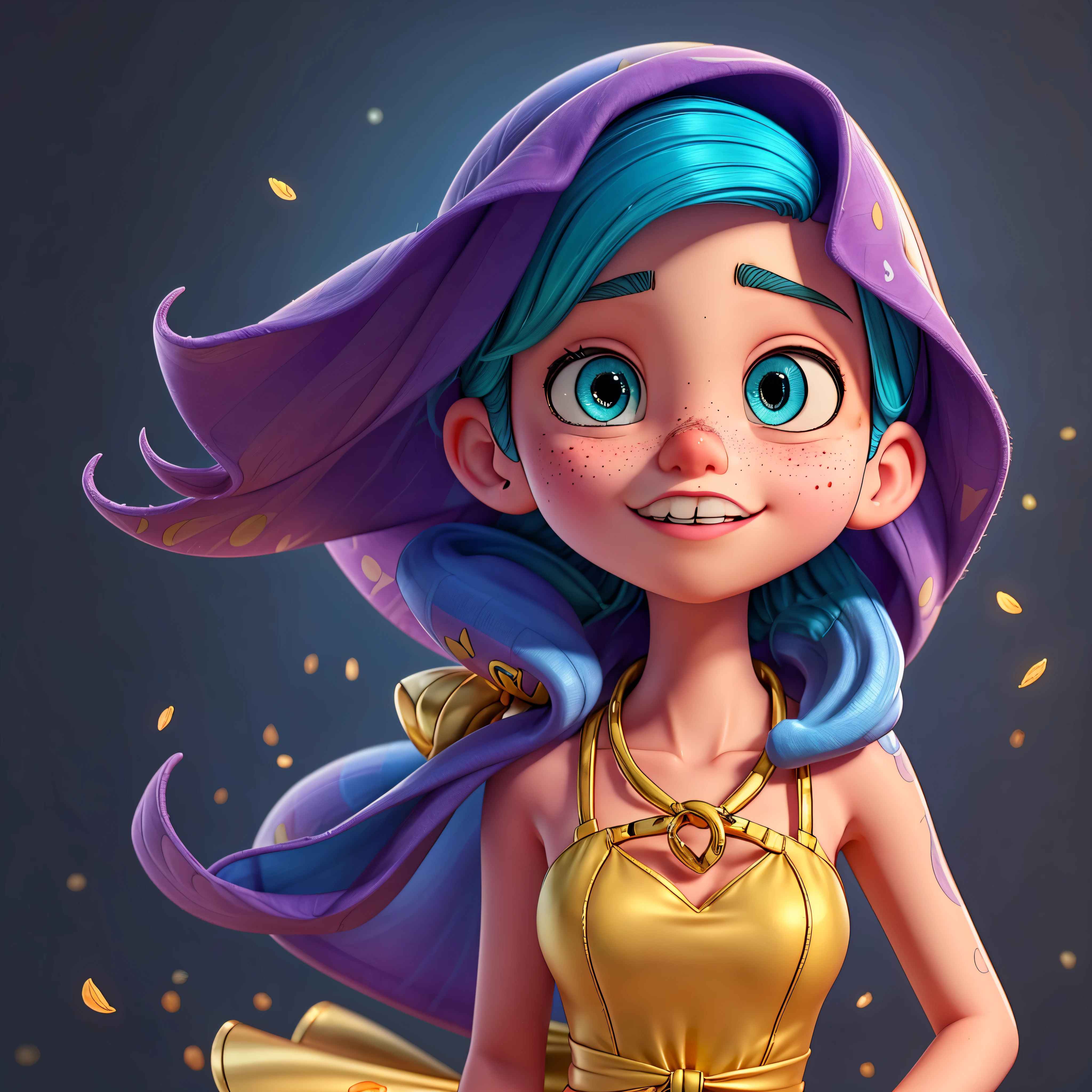 ((ultra detailed)),((Bright eyes)), (Detailed eyes) , blink blink, (The Little Faux Freckles Makeupgirl), ((ultra realistic skin)), ((ultra sharp focus detailed 2 straps on the shoulders of dress)) , ((shiny facial skin)), with colorful hair and a colorful dress, rossdraws pastel vibrant, rossdraws cartoon vibrant, style anime UHD, beautiful portrait, artgerm colorful!!!, ! dream artgerm, epic beautiful anime girl, styled digital art HDR, art wallpaper digital tmasterpiece, extremely detailed artgerm, reflection, varies multi etc. --v 6 --s 1000 --c 20 --q5 --chaos 100