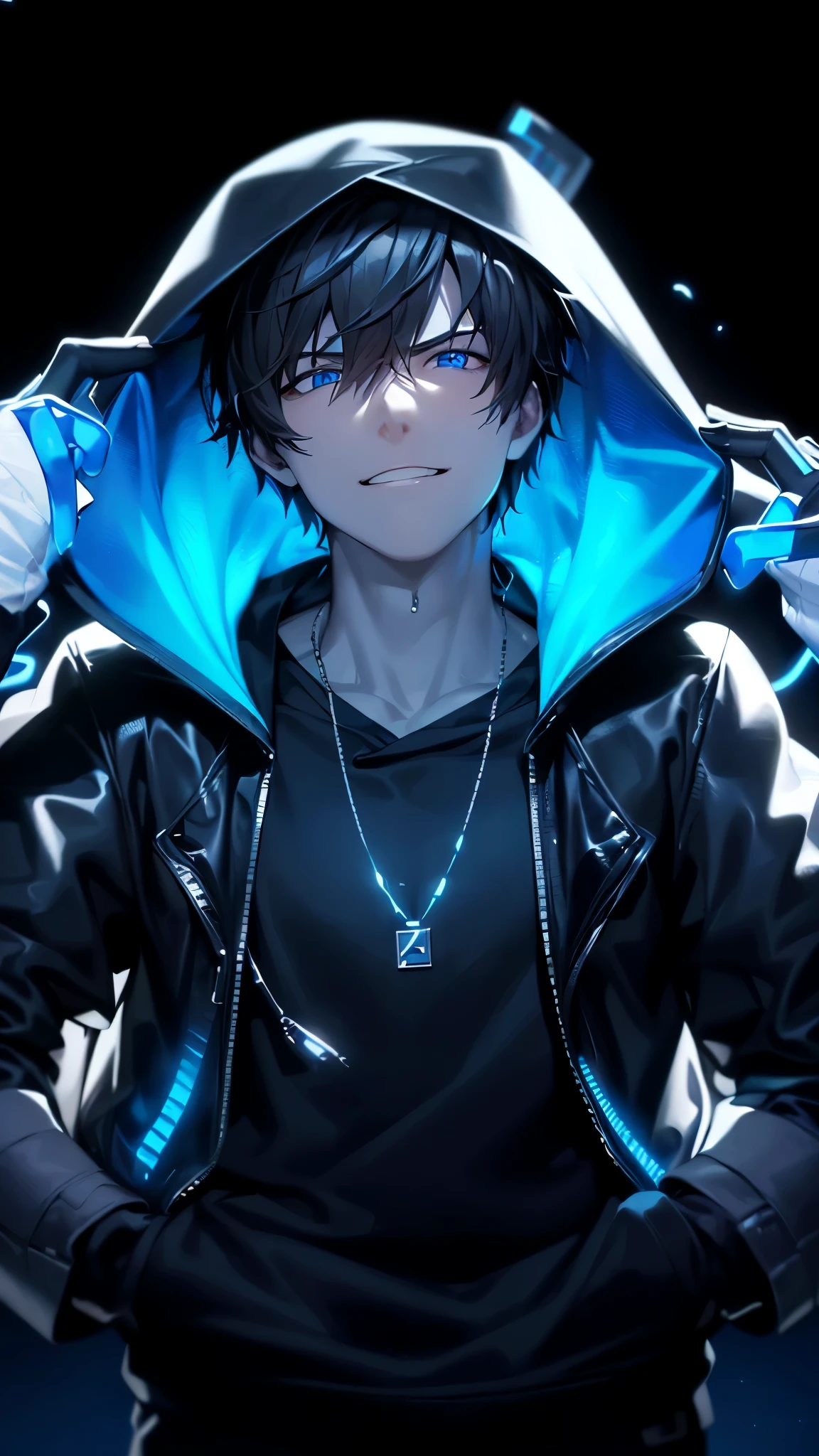 a handsome guy、serious expression、please close your mouth、He is wearing a black hoodie and has his hood up.、Grabbing the hood with both hands、cool look、blue neon light、Highly Detailed CG Unity 8K Wallpaper, (super masterpiece, beautiful person, well detailed face polluted smile, It&#39;s photorealistic, hyper realistic)