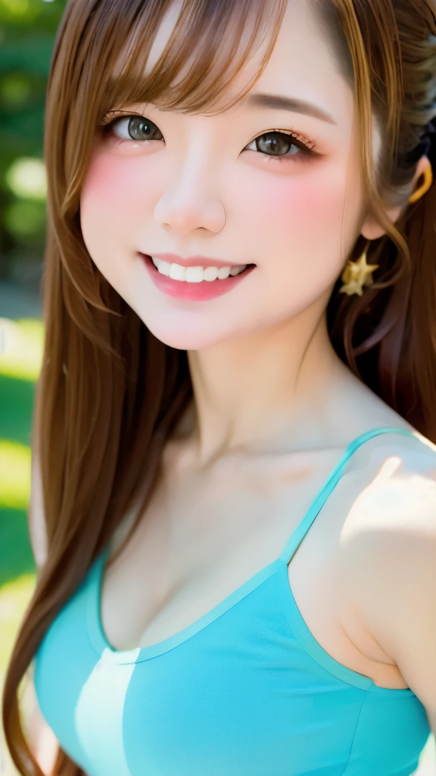 one girl、((smile:0.1))、pretty girl、brown hair、baby face、young、delicate girl、Upper body、small breasts、unreasonable precision、Super detailed、camisole、completely flat、Honesty、thin arms, professional lighting, film grain, chromatic aberration, (Eye and face details:1.0), (Bokeh:1.1)、software:1.5)))、 highest quality, 8k, 14 years,