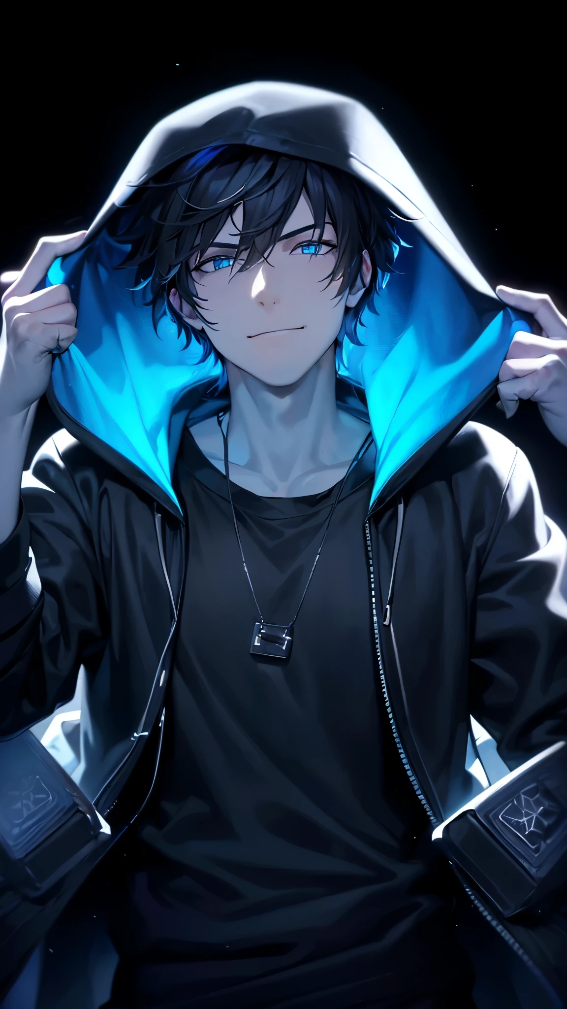 a handsome guy、serious expression、please close your mouth、He is wearing a black hoodie and has his hood up.、Grabbing the hood with both hands、cool look、blue neon light、Highly Detailed CG Unity 8K Wallpaper, (super masterpiece, beautiful person, well detailed face polluted smile, It&#39;s photorealistic, hyper realistic)