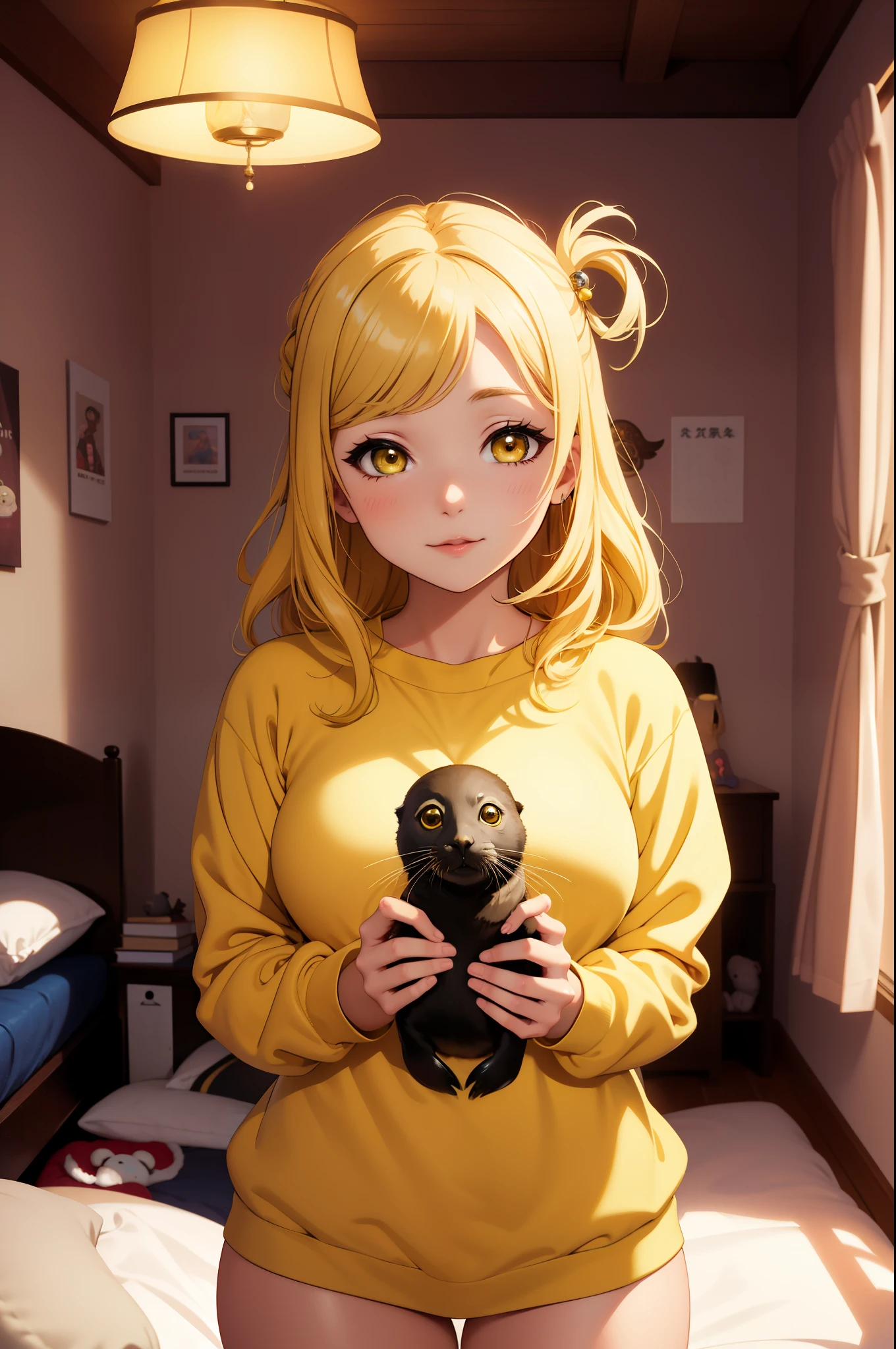 (Masterpiece, Best Quality, High Quality),volumetric lighting, illustration, beautiful, Mari Ohara, yellow eyes, yellow hair, hair_ornament, ((holding seal animal)), seals, comfy clothes, in her boyfriend room