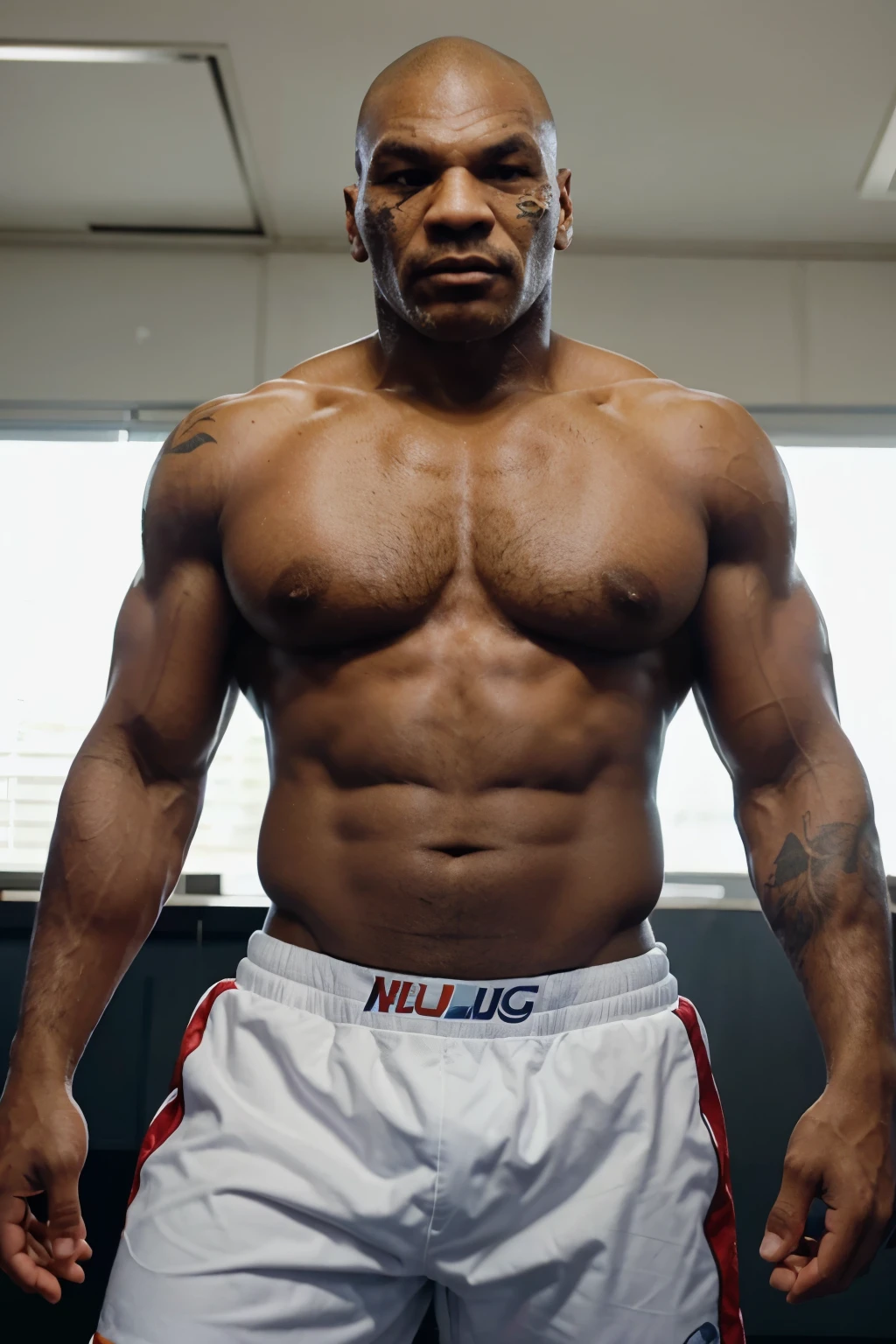 Create an image of Mike Tyson looking at the camera and seriously, mas que seja do corpo todo e sem camisa, in very high quality