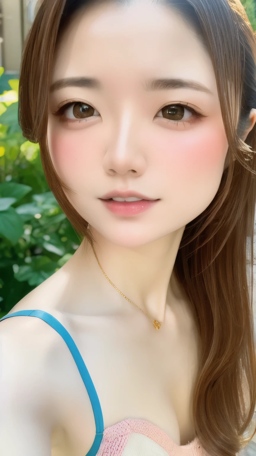 one girl、((smile:0.1))、pretty girl、brown hair、、young、delicate girl、Upper body、small breasts、unreasonable precision、Super detailed、camisole、completely flat、Honesty、thin arms, professional lighting, film grain, chromatic aberration, (Eye and face details:1.0), (Bokeh:1.1)、software:1.5)))、 highest quality, 8k, 14 years,