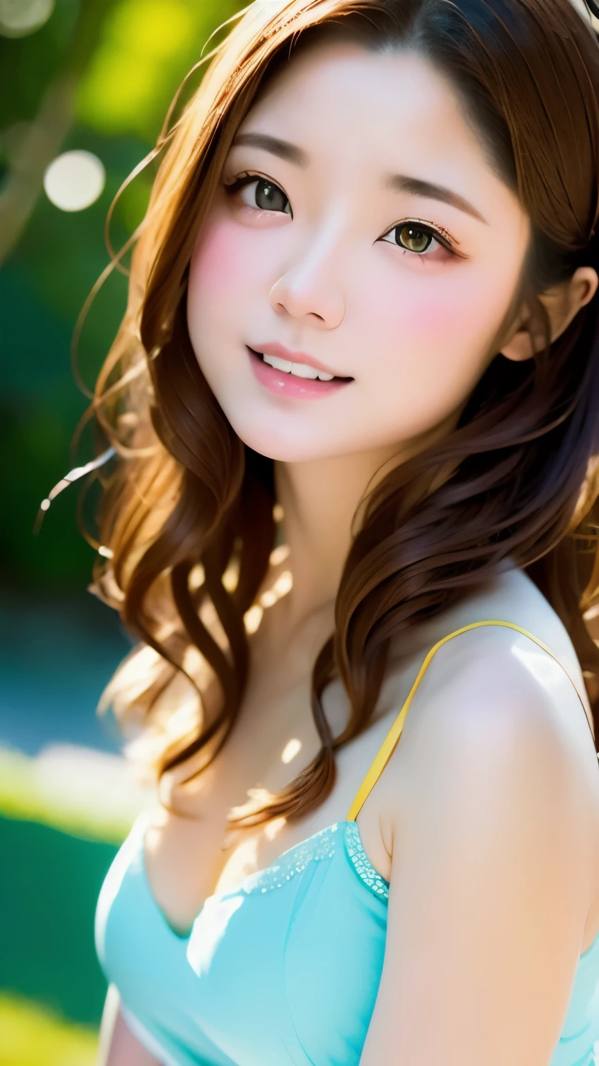 one girl、((smile:0.1))、pretty girl、brown hair、baby face、young、delicate girl、Upper body、small breasts、unreasonable precision、Super detailed、camisole、completely flat、Honesty、thin arms, professional lighting, film grain, chromatic aberration, (Eye and face details:1.0), (Bokeh:1.1)、software:1.5)))、 highest quality, 8k, 14 years,