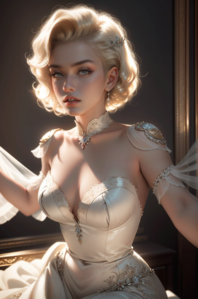 (Masterpiece - Ultra-Detailed, High Resolution) Prepare to be enchanted by a true masterpiece that combines ultra-detailed art with high-resolution rendering. This work shows a mesmerizing woman, with short hair, light blonde hair, 1950s style, Marilyn Monroe (1.3) and captivating dark brown eyes (1.2), New York illustration style, wearing red lipstick, emanating an aura of elegance and mystery. Wearing classic 1950s clothing. Intricate details and realistic textures invite you to explore every aspect of this enchanting composition. Transparent white dress. Dancing lightly, upper body. Get ready to dive into a world where beauty and craftsmanship merge perfectly.