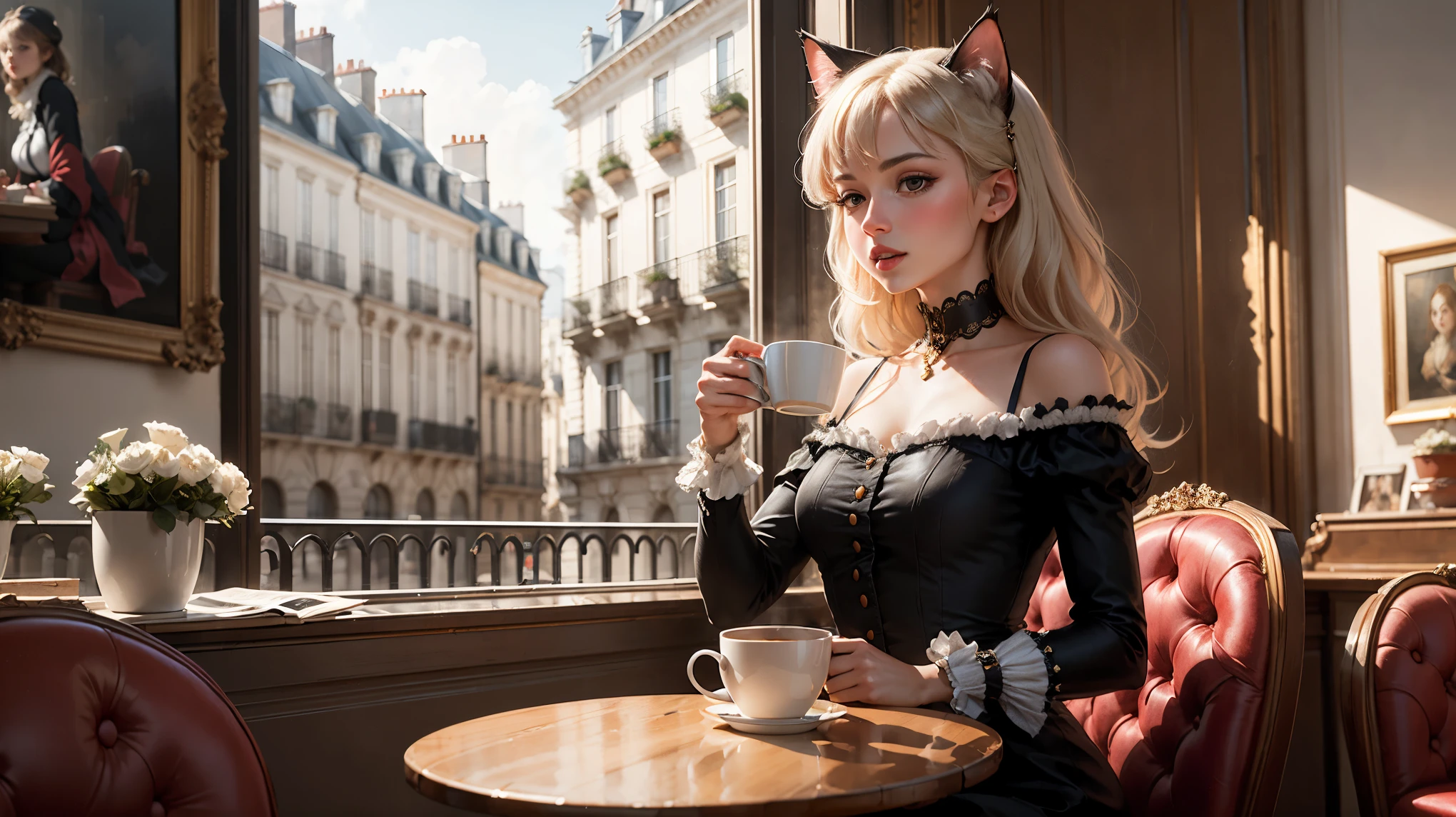 Cat Girl Drinking Coffee in a Fashionable Parisian Cafe Sketch Peter Paul Rubens Style Emphasis Light Gray Wide Angle