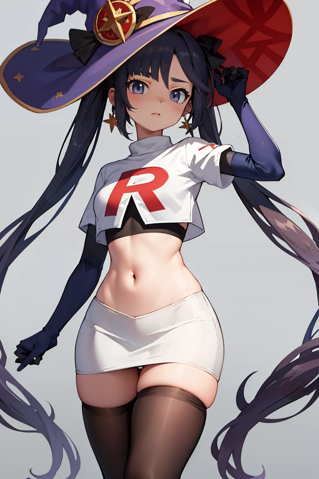 ((masterpiece,best quality)), team rocket,team rocket uniform, red letter R, white skirt,white crop top,black thigh-highs,black elbow gloves zettai ryouiki, aamona, long hair, twintails, hair ornament, black ribbon, earrings, witch hat, purple headwear, cowboy shot,