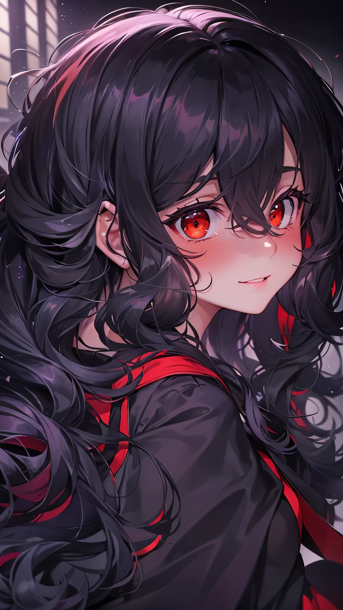 (perfect anatomy, masterpiece:1.2, best quality, 8k, beautiful detailed grow, daydreaming expression), pov focus breasts, (a curly black hair long hair cute girl, , cute red eyes, evil smile), in a black robe, in the darkness, abyss time.