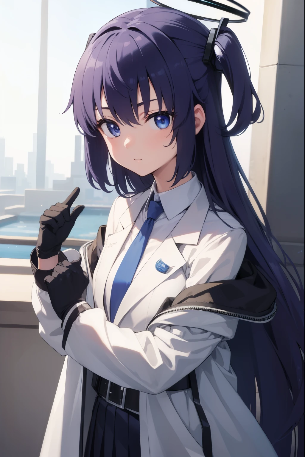 bluearchiveyuuka, yuuka, blue eyes, halo, purple hair, two side up, long hair,
BREAK belt, black gloves, black jacket, black skirt, blue necktie, gloves, halo, jacket, necktie, off shoulder, skirt, two-sided fabric, two-sided jacket, white belt, (white jacket:1.5),
BREAK looking at viewer, 
BREAK outdoors,
BREAK (masterpiece:1.2), best quality, high resolution, unity 8k wallpaper, (illustration:0.8), (beautiful detailed eyes:1.6), extremely detailed face, perfect lighting, extremely detailed CG, (perfect hands, perfect anatomy),