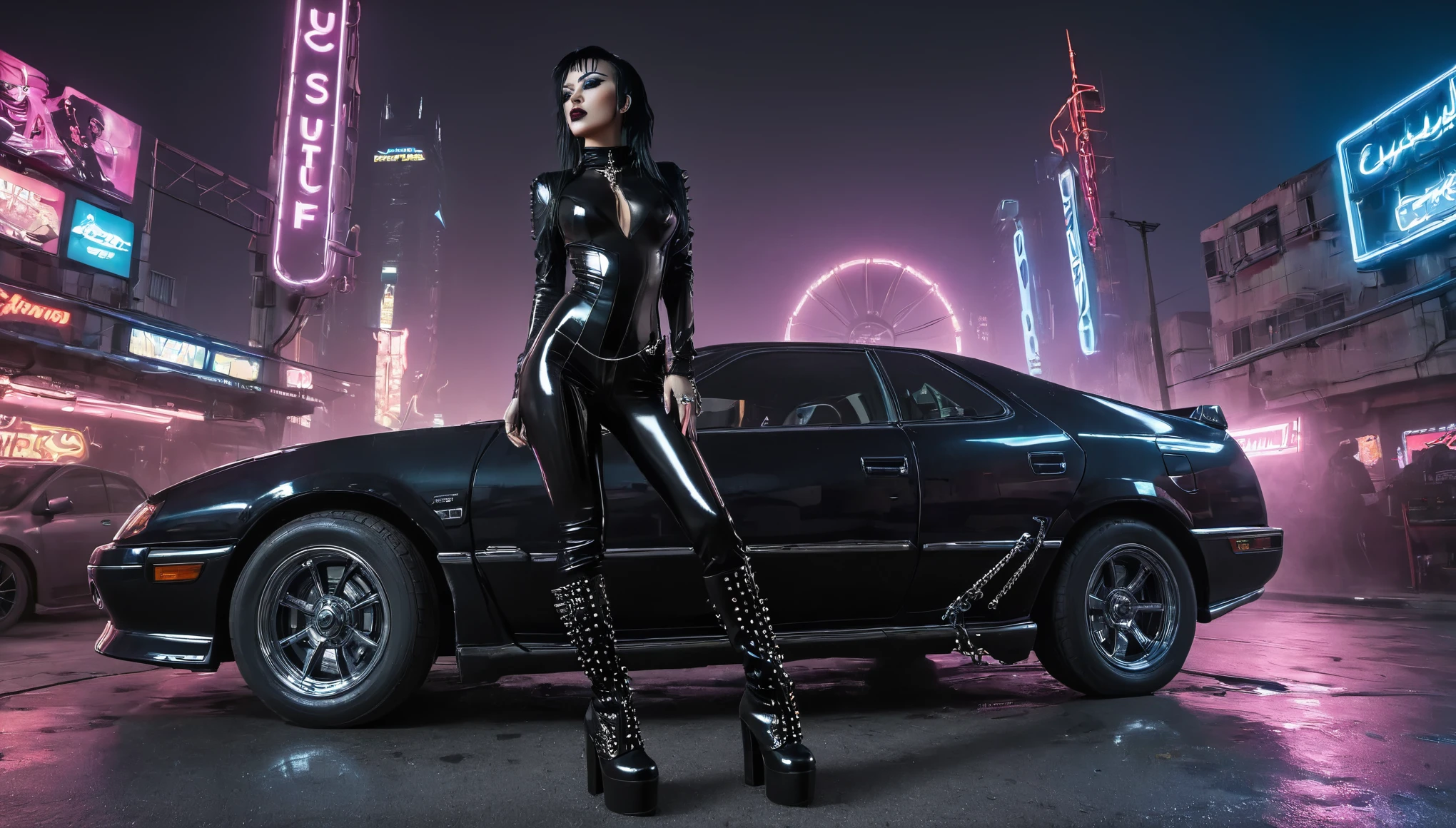 woman wearing a black PVC low-cut catsuit thigh High boots chains studs and spikes , in front of futurist car , in cyberpunk city at night , enlightened by neons